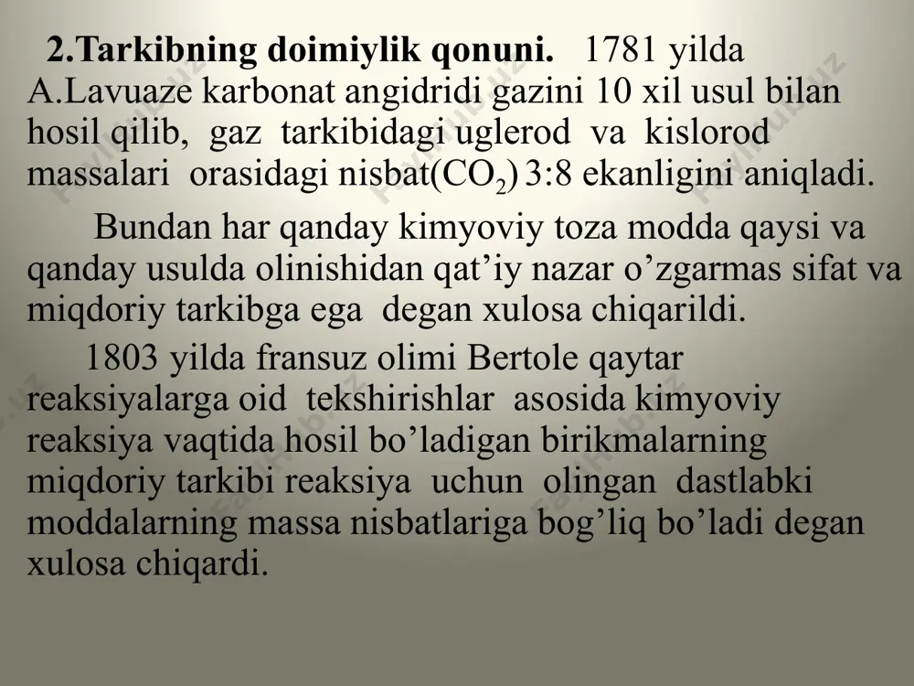 rmas hajmda gazning bosimi uning mutloqharoratiga to’g’ri proportsional. v = const p/t = const. bu uchchala qonunni birlashtirilsa, gazlarning holat tenglamasi kelib chiqadi: p1*v1/t1= p2*v2/t2 p 1 , v 1 , t1 - ma’lum miqdor gazning bosimi, hajmi, harorati. p 2, v2, t2 – shu gazning boshqa sharoutdagi bosimi,hajmi va harorati. agar shu gazning normal sharoitdagi bosimi, hajmi, harorati hisobga olinsa po*vo/to=r r- nisbat ma’lum miqdor gaz uchun o’zgarmas qiymatdir. agar bu nisbat 1 mol modda uchun olinsa, uni gaz doimiysi deyiladi. po= 101,325 kpa, to=273 t, vo=22,4 l bo’lsa bu qiymat 8,31 j/molga teng. 1961 y.da atomning massa birligi qabul qilingan.(m.a.b.). ba’zan bu tushuncha atomning uglerod birligi deyiladi(a.u.b.) atomning uglerod birligida ifodalangan massasi atom massa deyiladi.bunda barcha hisoblashlar uglerodning 126c izotopiga nisbatan olib boriladi.shunday o’lchovga ko’ra kislorodning nisbiy atom massasi 15,9994 ga vodorodning nisbiy atom massasi 1,0079 a.u.b. ga teng. 12 g uglerodning 126c izotopida qancha molekulalar,atomlar,ionlar,elektronlar va bosqa …