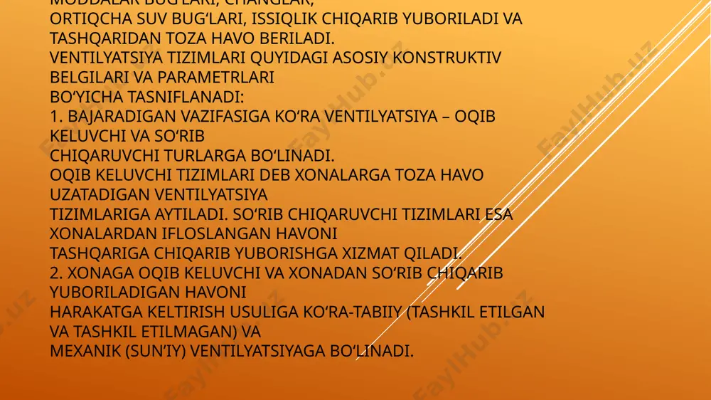 lsa ular orasidagi masofa 10 m.dan kam bo‘lmasligi kerak. ular yonma-yon joylashgan hollarda, havo chiqarish shaxtasini teshigi havo qabul qilish teshigida 2,5 m dan yuqori bo‘lishi kerak. . sanoat binolarida tashqi havoni qabul qilish devorlarda va derazalarda joylashgan proyomlardan tavsiya etilad. bu holda ular jalyuziyali panjarali bilan jihozlanadi. hozirgi davrda binoni ichki maydonidan to‘liq foydalanish uchun hamda zamonaviy texnologiyalarni ishlatish maqsadida, bunday kameralarni tomda yoki sanoat binolarning maydonchalarida ham joylashtirish mumkin. misol tariqasida york o‘zbekiston qo‘shma korxonasi sho‘rtan gaz ob’ektini loyihalashda qabul qilgan kamerasi ko‘rsatilgan (9.3, 9.4-rasmlar). mazkur buyumlar xar xil modifikatsiyadan iborat bo‘lishi mumkin [24]. . image1.jpeg image2.jpeg image3.jpeg image4.jpeg /docprops/thumbnail.jpeg
