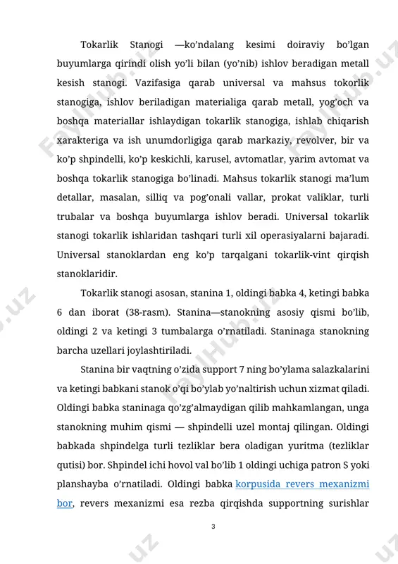 oblar (parma, zenker, razvertka va boshqalarni) ni mahkamlash uchun xizmat qiladi va asboblarning surilishini ta’minlaydi. support 7 ko’ndalang va bo’ylama salazkalardan iborat bo’lib, staninaning yo’naltiruvchilari bo’ylab harakatlanadi. salazkalar ustiga keskich tutqich o’rnatilgan, keskichni ko’ndalang va bo’ylama yo’nalishda hamda shpindel o’kiga nisbatan istalgancha burchak ostida dastaki va mexanik siljishiga imkon beradi. fartuk 8 support karetkasirga mahkamlangan. unda supportni surish mexanizmlari joylashgan. surish vali 9 dan bo’ylama va ko’ndalang yunalishda, surish vinti 10 dan esa rezba qirk.ishda foydalaniladi. surish qutisi 11 supportni bo’ylama va ko’ndalang surilish kattaligini o’zgartiradi, shuningdek surish vali yoki surish vintlariga kerakli harakat uzatadi. tokarlik-vint qirsish stanoklarida tokarlik, yo’nib kengaytirish, parmalash, rezba qirqish va boshqa ishlardan tashqari, moslamalar yordamida silliqlash, frezalash va boshqa ishlarni bajarish mumkin. tokarlik vint ochuvchi dastgohlari. maktab ustaxonalarida tb-4, tb-6, tb-7 rasumli tokarlik-vint ochuvchi dastgohlar ishlatiladi. tb-6 rasumli dastgoh, tb-4 rasumli dastgohning mukammallashgan varianti bo'lgani uchun biz tb-6 va tb-7 dastgohlarini ko'rib chiqamiz. tb-6 tokar-vint …