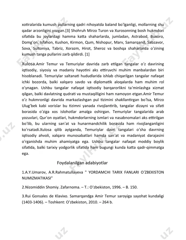 r viloyatlardagi katta xajmdagi mayda chakana savdo ehtiyojlarini qondirish maqsadida chiqarilgan. amir temur va temuriylar tangalari o‘ziga xos uslubi: ulardagi o‘simlik va geometrik bezaklarni mutanosibligi; tanga yozuvlarida arab, fors, turk va mo‘g‘ul yozuvlari bitilgan kompozitsiya mavjud. arab tilida kalimalar, “olloh uning podsho va sultonligini mangu boqiy qilsin”, forscha: “zarb”, turkcha “amir”, “so‘zim” va mo‘g‘ulcha –yorliq, ko‘ragon (kuyov), akmanu (mening so‘zim) so‘zlardir.[1]tangalar asosan kumushdan zarb etilgan bo‘lib, og‘irlik vazni 6 grni tashkil qilgan bo‘lsa, u tanga deb atalgan. tanganing to‘rtdan biriga to‘g‘ri keladigan 1,5 grammlik kumush pullar “amir” so‘zidan “miri” deb yuritilgan. kundalik turmushda asosan “amiriy” mis chaqalari ishlatilgan. bu o‘sha vaqtdagi arzonchilik va to‘kin sochinlikdan dalolat beradi. bu haqda klavixo o‘z xotiralarida kumush pullarning qadri nihoyatda baland bo‘lganligi, mollarning shu qadar arzonligini yozgan.[3] shohruh mirzo turon va xurosonning bosh hukmdori sifatida bu joylardagi hamma katta shaharlarda, jumladan, astrabod, buxoro, domg‘on, isfahon, kushon, kirmon, qum, nishopur, marv, samarqand, sabzavor, sova, sultoniya, …