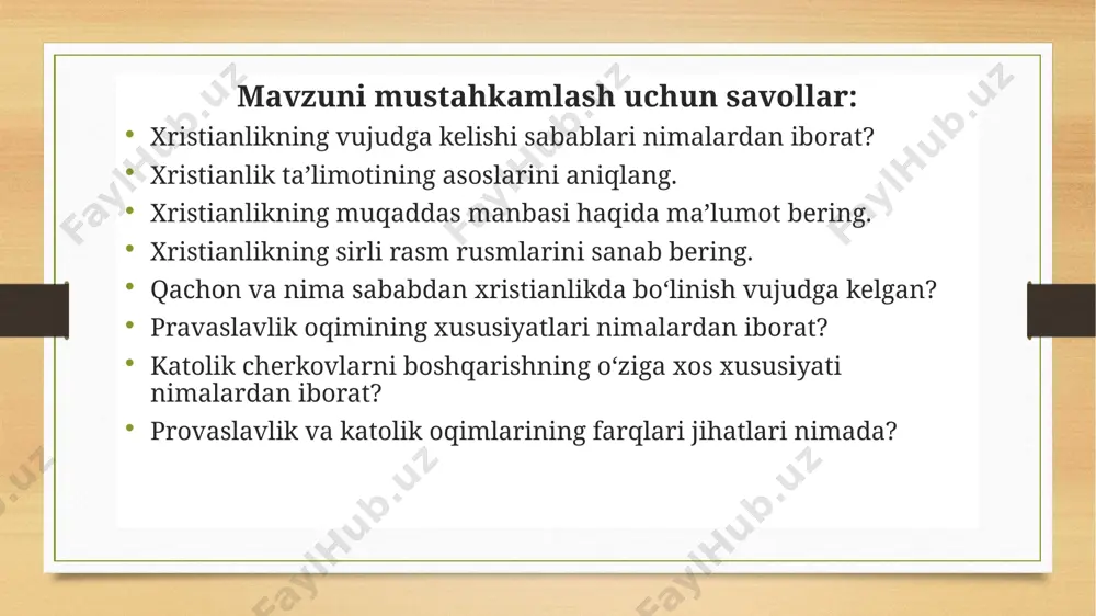bxonasiga tashrifi. qur'oni karimning oʻzbek tilidagi nashri 1. qur'oni karim. kufiy xati (ix asr). 2. qur'oni karim sahifasi. magʻribiy xati (x asr). 3. qur'oni karim. nasx xati (1747 yil). 4. qur'oni karim. nasxi buxoriy xati (xix asr). 5. qur'oni karim. (xix asr). 6. qur'oni karim. nasx xati (xviii asr). 1 2 3 4 4 5 6 oʻzbekiston musulmonlari idorasi kutubxonasida saqlanayotgan qur'oni karim nusxalari: islom manbalarida ota-onaga munosabat, ilmga muhabbat, sabr-bardosh, shukronalikka da'vat, oʻzaro mehr, inoqlik, mehmondoʻstlik, etimparvarlik, vafo va sadoqat, mehnatsevarlik va halol luqmani sharaflash, kamtarlik va kamsuqumlik, samimiyat va rostgoʻylik, toʻgʻrilik va halollik kabi xislatlarning birinchi oʻringa qoʻyilishi insoniyat uchun bebaho ma'naviy qadriyatlar silsilasini tashkil etadi. salomlashish odobi avval salom, keyin kalom uyingizga salom bilan kiring, shunda sizga ham, oila a'zolaringizga ham baraka yogʻiladi odamlarning yaratganga eng yaqini boshqalarga eng avval salom berganidir bir-birlaringiz bilan salomlashib yuringlar, shunda oʻrtalaringizda mehr-muhabbat uygʻonadi. odamlarning bir-birlaridagi haqlaridan biri-salom berish salomga alik …