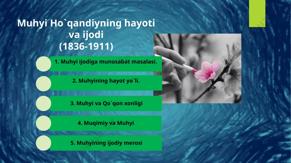 uhyi o`z ijodi bilan qadr-izzat topdi. a ta`limini tugatib, ho`qandga kelib yashay boshlaydi. muhyi ayni ruhan, aqlan va jisman yetilgan davrida, 50-yillar oxirida, qo`qon adabiy muhitiga qo`shiladi. bu vaqtdagi qo`qon adabiy muhitining yirik vakillari - muqimiy, furqat, nisbatiy, muhayyir kabilar muhyi ijodini yuqori baholaydilar, hatto, furqat o`zining memuar asarida muhyi nomini ilg`or ijodkorlar, “fozil va rasotab` kishilar” qatorida e`tirof etadi: “...chun yoshim umr shabu ro`zida 24 shumoriga yetdi, ul vaqt, ho`qand viloyatidagi fozil va rasotab` kishilar birla ittixod aylab, alarning suhbatidin ko`b bahralar topdim va asr shuarolarikim, chunonchi, mavlono muhyi va mavlono zavqiy va mavlono nisbatdurlar, hamisha majlis bunyod aylab, zodai tab`larimizdin mushoara qilur erduk. va ba`zi vaqt ishq tavsifi va husn ta`rifida g`azal mashq aylab va gohi qadimiy shuarolar devonlaridin bir sho`x g`azalni topib, anga har qaysimiz alohida muxammas bog`lar erduk...”. mallaxondan keyin qo`qon xonligining hukmfarmosi xudoyorxon zamonida ham muhyining saroydagi obro`si baland bo`lgan. hatto xudoyorxon she`riyat ixlosmandi bo`lgan …