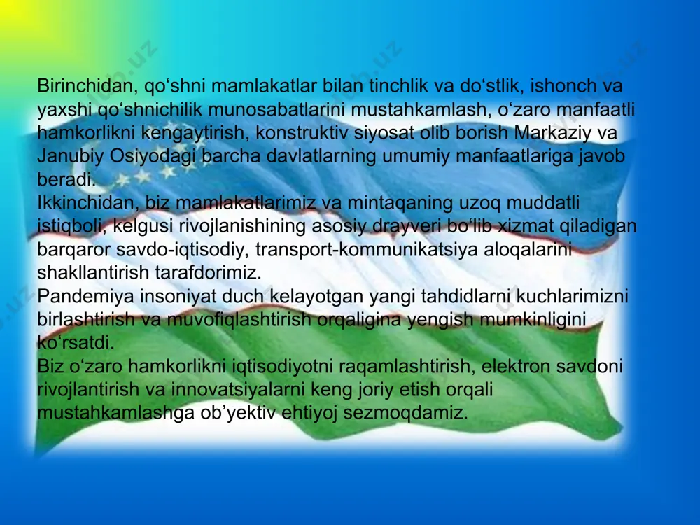 o‘tkazishni rejalashtirganmiz. shuni alohida ta’kidlab aytmoqchiman: o‘zbekiston konstruktiv va o‘zaro manfaatli hamkorlikni rivojlantirishga doimo tayyor bo‘lgan ishonchli va barqaror, qat’iy pozitsiyaga ega sherikdir. o‘zaro aloqalarni va mintaqaviy hamkorlikni mustahkamlamasdan turib, bugungi kunda mamlakatlarimiz duch kelayotgan xavf-xatar va tahdidlarni yengib bo‘lmasligini chuqur anglash vaqti keldi. biz farovonlik va taraqqiyotga erishish yo‘lida birgalikda rivojlanish istiqbollari bo‘yicha yaxlit yondashuvlarni ishlab chiqishimiz lozim. yangi oʼzbekiston demokratik oʼzgarishlar, keng imkoniyatlar va amaliy ishlar mamlakatiga aylanmoqda 17.08.2021 oʼzbekiston respublikasi prezidenti shavkat mirziyoevning “yangi oʼzbekiston” gazetasi bosh muharriri salim doniyorovning savollariga javoblari oʼz yurtida ozod va erkin hayot, adolatli jamiyat barpo etishdek ulkan maqsadni oʼz oldiga qoʼygan har qanday xalq, har qanday millat ogʼir, mashaqqatli va murakkab taraqqiyot yoʼlini bosib oʼtadi. kelajakka katta umid va ishonch bilan qarab, hamisha sabr-matonat bilan yashagan oʼzbek xalqi ham 1991 yil 31 avgustda muqaddas orzusiga erishdi – jonajon vatanimiz oʼz davlat mustaqilligini qoʼlga kiritdi. nasib etsa, yana sanoqli kunlardan keyin ana …