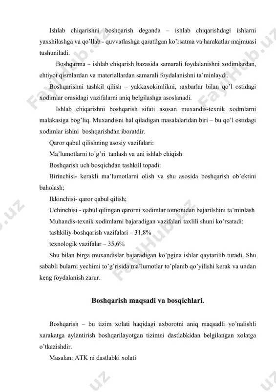 tashkil etish. xarajat: xizmatga bo’lgan talabni taxlil qilish, invetsiyalarini jalb qilish, atk ni qayta ko’rish, reklama va h.k. boshqarish tushunchasini tayanch so’zlari 1. tizim xolati haqidagi axborot – a 2. tizim maqsadi va maqsadlar – m 3. maqsadga erishish va tizim xolatini o’zgartirishga qaratilgan xarakat –x ushbu tashkil etuvchilar boshqarishni birinchi qoidalarini tashkil etadi. boshqarishni asosiy bosqichlariga quyidagilar kiradi: tizimni maqsadini aniqlash; tizim holati haqida ma’lumot olish; ma’lumotni ishlash va taxlil qilish; boshqarish qarorini qabul qilish; qarorni ijrochiga yetkazish; boshqarish qarorini amalga oshirish va tizimni qarorga bo’lgan munosabatini olish. a) b) v) a h m а h m r m a r h v r - material resurslar v - amalga oshirish davri. rasm 2.1. vaqt omili (v), material resurslar (b) va axborot aspektlari xisobga olgan sharoitda boshqarish jarayonini xolati. 1.boshqarilayotgan tizim yoki kichik tizim oldida turgan maqsadni aniqlash (atk, tarmoq, ustaxona, brigada) 2. tizimga ta’sir etuvchi tashqi omillar va …