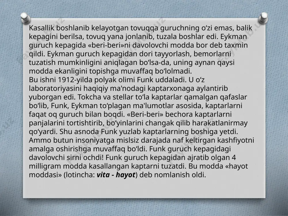 b tizimini energiya bilan ta'minlashdir. mushaklarning qisqarishi va nerv signallarining uzatilishi tiaminning yana ikkita funktsiyasidir. b2 vitamini (riboflavin) b2 vitamini (riboflavin) boshqa b vitaminlari bilan o'zaro ta'sir qiladi. bu tananing rivojlanishi uchun zarurdir. bu qizil qon hujayralarining shakllanishiga yordam beradi. shuningdek, u oqsillardan energiya ajratishga yordam beradi. vitamin b3 (niatsin) b3 vitamini xolesterinni nazorat ostida ushlab turishga yordam beradi va miyangizni tezlashtiradi. vitamin b5 (pantotenik kislota) tadqiqotlar shuni ko'rsatadiki, biz iste'mol qilgan ovqatni energiyaga aylantiradigan narsa qon hujayralarini yaratish uchun zarurdir. vitamin b6 (piridoksin) tadqiqotlar shuni ko'rsatadiki, b6 vitamini yoki piridoksin tanangizdagi aminokislotalar darajasini saqlab turishga yordam beradi. vitamin b7 (biotin) biotin yoki b7 vitamini asab tizimining tegishli funktsiyasida ustun ekanligi va jigar metabolizmiga yordam berishi ham ma'lum. vitamin b9 (foliy kislotasi) vitamin b9 yoki foliy kislotasi dnk va rnk ishlab chiqarishga yordam berishi ma'lum. b12 vitamini (kobalamin) b12 vitamini qizil qon tanachalari va dnk ishlab chiqarish uchun zarurdir. shuningdek, …