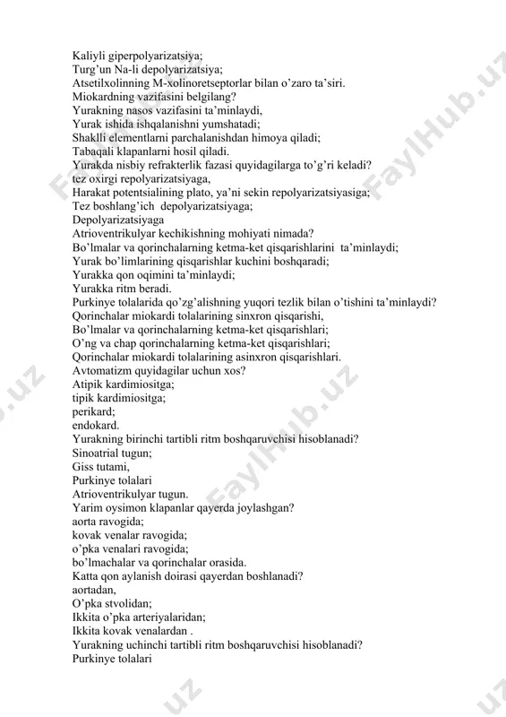 potentsialining plato, ya’ni sekin repolyarizatsiyasiga; tez boshlang’ich depolyarizatsiyaga; depolyarizatsiyaga atrioventrikulyar kechikishning mohiyati nimada? bo’lmalar va qorinchalarning ketma-ket qisqarishlarini ta’minlaydi; yurak bo’limlarining qisqarishlar kuchini boshqaradi; yurakka qon oqimini ta’minlaydi; yurakka ritm beradi. purkinye tolalarida qo’zg’alishning yuqori tezlik bilan o’tishini ta’minlaydi? qorinchalar miokardi tolalarining sinxron qisqarishi, bo’lmalar va qorinchalarning ketma-ket qisqarishlari; o’ng va chap qorinchalarning ketma-ket qisqarishlari; qorinchalar miokardi tolalarining asinxron qisqarishlari. avtomatizm quyidagilar uchun xos? atipik kardimiositga; tipik kardimiositga; perikard; endokard. yurakning birinchi tartibli ritm boshqaruvchisi hisoblanadi? sinoatrial tugun; giss tutami, purkinye tolalari atrioventrikulyar tugun. yarim oysimon klapanlar qayerda joylashgan? aorta ravogida; kovak venalar ravogida; o’pka venalari ravogida; bo’lmachalar va qorinchalar orasida. katta qon aylanish doirasi qayerdan boshlanadi? aortadan, o’pka stvolidan; ikkita o’pka arteriyalaridan; ikkita kovak venalardan . yurakning uchinchi tartibli ritm boshqaruvchisi hisoblanadi? purkinye tolalari atrioventrikulyar tugun, sinus tuguni kardiomiotsitlar. yurakning ikkinchi tartibli ritm boshqaruvchisi hisoblanadi? atrioventrikulyar tugun, purkinye tolalari sinus tuguni giss tutami . ekg-ni qayd qilishda o’ng qo’lga …