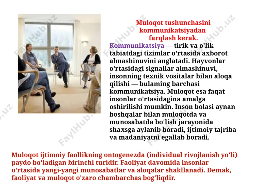 tilishi. 2. empatiya — inson o'zini xayolan suhbatdoshi o'miga qo'yish orqali uning kechinmalari va hissiyotlarini tushunishga intilishi. 3. refleksiya — inson suhbatdoshi tomonidan qanday idrok etilayotgani va tushunilayotganini anglashga intilishi. 4. stereotipizatsiya — inson suhbatdoshini tushunishga intilishi yo'lida muayyan shablonlardan foydalanishi. aktiv holat. bu - agar kreslo yoki divan kabi mebel bo’lsa, unga bemalol yastanib yoki yotib olmaslik, suhbatdoshning yuzidan tashqari joylariga qaramaslik, mimika, bosh chayqash kabi harakatlar bilan uning har bir so’ziga qiziqishni bildiradi samimiy qiziqish bildirish. bu nafaqat suhbatdoshni o’ziga jalb qilib, balki keyin navbat kelganda o’zining har bir so’ziga uni ham ko’ndirishning samarali yo’lidir o’ychan jimlik. bu suhbatdosh gapirayotgan paytda yuzda mas’uliyat bilan tinglayotganday tasavvur qoldirish orqali o’zingizning suhbatdan manfaatdorligingizni bildirish verbal ta’sir - bu so’z va nutqimiz orqali ko’rsatadigan ta’sirimizdir. bundagi asosiy vositalar so’zlardir. paralingvistik ta’sir - bu nutqning atrofidagi nutqni bezovchi, uni kuchaytiruvchi yoki susaytiruvchi omillar: tovushlar, to’xtashlar, duduqlanish, yo’tal, til bilan amalga oshiriladigan harakatlar, …