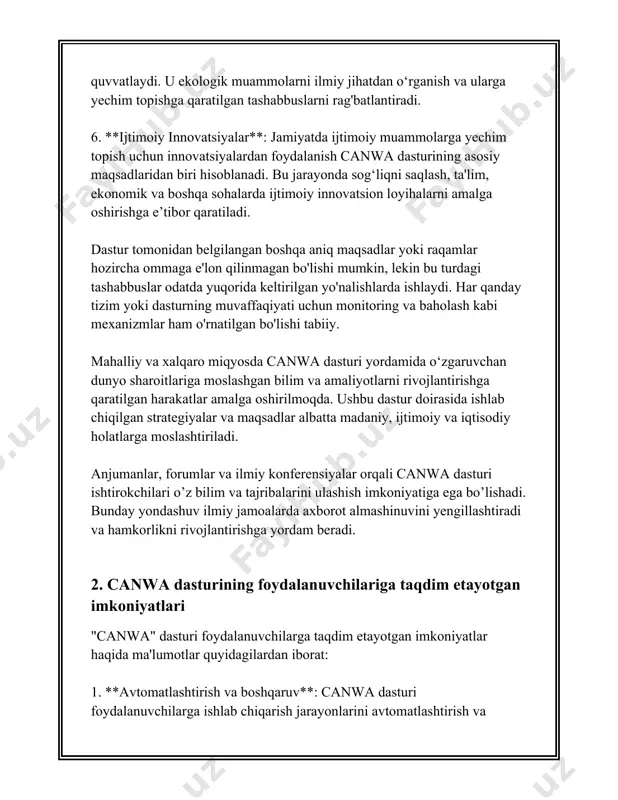 jarayonini qulaylashtirish, optimallashtirish va xarajatlarni kamaytirish hisoblanadi. bu dastur orqali foydalanuvchilar o'z bizneslarini yanada rivojlantirish va bozorda raqobatbardoshlikni oshirish imkoniga ega bo'ladilar. 3. canwa dasturining o'rnatish va sozlash jarayoni canwa dasturining o'rnatish va sozlash jarayoni haqida batafsil ma'lumot berishdan avval, dastur haqida qisqacha tushuncha berib o'taman. afsuski, siz zikr qilgan "canwa" dasturini aniq bilmasligim sababli, umumiy dasturlarning o'rnatilishi va sozlanishi jarayonini ko'rib chiqamiz. dastur bu qaysi sohada qo'llanilishiga qarab, o'rnatish va sozlash jarayonlari har xil bo'lishi mumkin. umumiy holda, dasturlarni o'rnatish va sozlash jarayonlari quyidagi bosqichlarni o'z ichiga oladi. 1. **tizim talablarini tekshirish:** - har bir dasturni o'rnatishdan avval, avvalo tizim talablarini tekshirish lozim. bu odatda dastur ishlab chiqaruvchisi tomonidan berilgan minimal va tavsiya etilgan tizim talablaridan iborat bo'ladi. misol uchun, operatsion tizim versiyasi, protsessor kuchi, xotira hajmi va diskda bo'sh joy. - buning uchun kompyuteringizning tizim ko'rsatkichlarini tekshiring: windows foydalanuvchilari uchun "system" menyusi orqali, mac foydalanuvchilari uchun "about this …