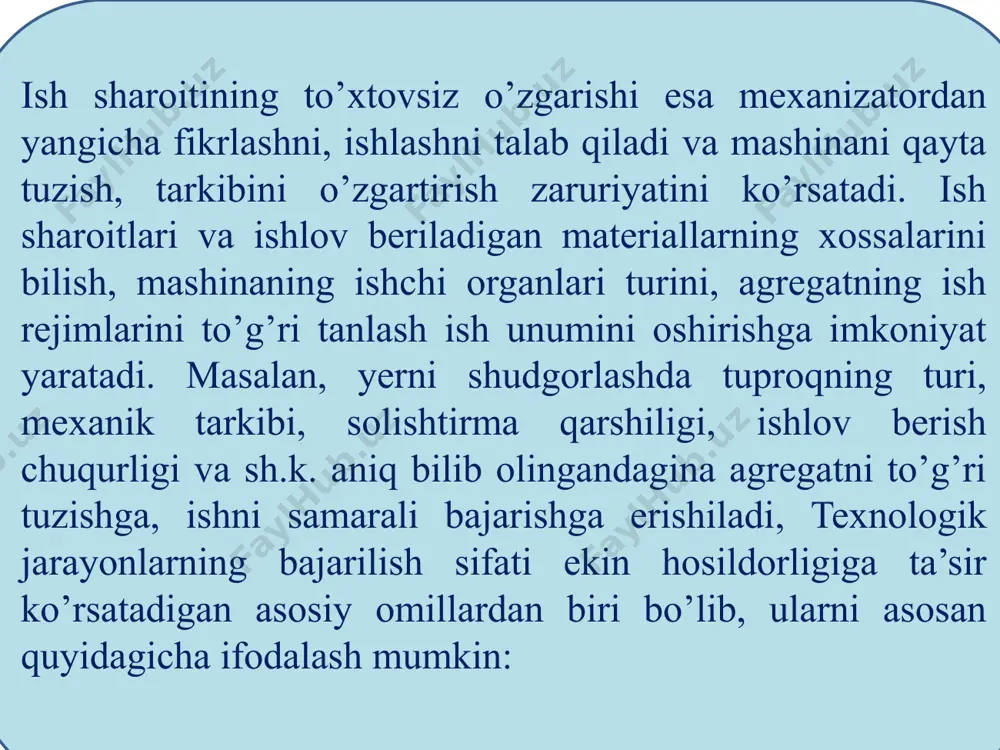 ’ladi. 8. ishchi mashinaning traktorga (mexanizatorga) nisbatan joylashuviga ko’ra: traktorning oldiga, yoniga, orqasiga yoki oldida va yonida, yonida va orqasida joylashgan agregatlar bo’ladi. agregatlarning foydalanishdagi (ekspluatatsion) xossalari ishchi mashinalarning, traktor, o’ziyurar shassi va tirkagichning xossalaridan tashkil topadi. agregatning foydalanishdagi xossalari quyidagilardan iborat: ● agrotexnologik; ● energetik; ● manevrik; ● texnik; ● texnik –iqtisodiy; ● ergonomik. 1. меҳнат сарфлари бевосита меҳнат сарфи умумий меҳнат сарфи агрегатга бевосита хизмат кўрсатувчи тракторчилар сони mтр ва ёрдамчи ишчилар сони mёрд деб белгиласак, у ҳолда умумий меҳнат сарфи: бу ерда wс - агрегатнинг соатлик иш унуми, га/соат. агрегатга бевосита хизмат кўрсатувчиларнинг меҳнат сарфи (зм.б) - бевосита меҳнат сарфи деб аталади. агрегатга бевосита хизмат тракторчи-лар сонини mтр деб белгиласак, у ҳолда бевосита меҳнат сарфи бу ерда wс - агрегатнинг соатлик иш унуми, га/соат. энергетик сарфлар фойдали энергетик сарфлар умумий энергетик сарфлар агрегат далада ишлаганда sи.й ишчи йўлни босади, ишчи машина r қаршилик кўрсатади. фойдали энергетик сарф …