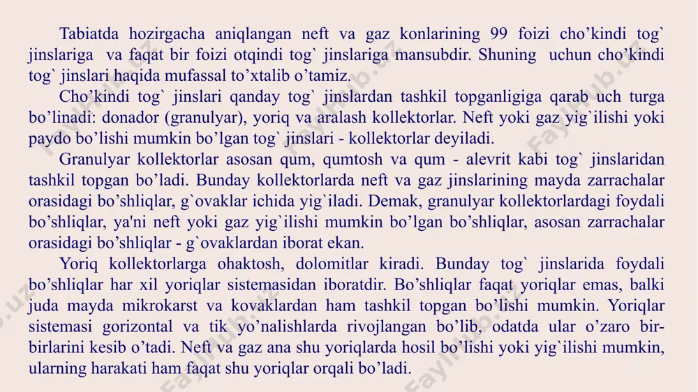 liqlarga esa har xil tektonik harakatlar oqibatida yangidan paydo bo’lgan katta darzliklar, tog` jinslarining maydalanishidan, erishidan va h.k.lardan paydo bo’lgan bo’shliqlar kiradi. tog` jinslari bo’shliqlarining to’zilishi ularning donadorligiga, shakliga, katta - kichikligiga, kimyoviy tarkibiga bog`liq bo’ladi. bundan tashqari, katta va kichik g`ovaklarning nisbatiga qarab, tog` jinslarining bo’shliqlari turli - tuman bo’ladi. ko’pincha bu g`ovaklar va bo’shliqlar o’zaro birlashib, tog` jinslarining kanallarini tashkil qiladi. g`ovaklik kanallari o’zlarining kattaligiga qarab neft va gaz qatlamlarida uch turda bo’ladi: 1. yirik kapillyar kanalchalar - diametri 0,5 mm dan yuqori; 2. kapillyar kanalchalar - diametri 0,5 dan 0,0002 mm gacha; 3. o’ta mayda kapillyar kanalchalar - diametri 0,0002 mm dan kichik. tog` jinslarining o’tkazuvchanligi tog` jinslarining bosimlar ayirmasi mavjudligida o’zidan suyuqlik yoki gaz o’tkazish qobiliyatiga o’tkazuvchanlik (k) deyiladi. tabiatda umuman hech narsa o’tkazmaydigan jismlar yo’q. shuningdek tog` jinslaridan ba'zilari juda yaxshi o’tkazuvchan (qum, qumtosh), ba'zilari juda ham kam o’tkazuvchan (loy, slanets va b.) bo’ladi. tajribalarning …