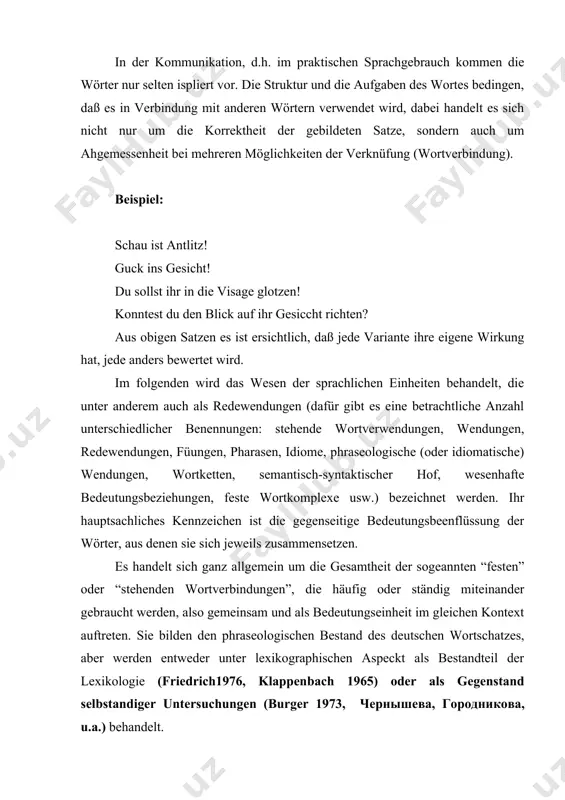 ildungen, phraseologische einheiten, bei denen bildhafte übertragungene 9ine rolle spielt. z.b. jemanden einen korb geben, unter die haube kommen und phraseologische verbindungen, zu denen funktiondverbgefüge wir zur diskussionstellen und einheiten wie die augen zu boden senken gehören. и.и. чернышеваunterstreicht die notwendigkeit der anwendung komplexer methoden in der phraseologie. als kriterien zur abgrenzung phraseologscher einheiten von allen ubrigen idiomatischenwendet sie an: 1). die grammatische struktur (wortverbindungen, pradikative fügungen und sätze). 2). die bildungsweise (einmalige verkettung der einheiten, bildung nach modellen, reihenbildung). 3). die bedeutung (resultat der semantischen veränderung der komponenten, resultat der semantischen bedeutung der komponenten, resultat aufgrund der strukturmodells). die autorin gelangt zu einer einteilung der phraseologismen des deutschen in ; -phraseologische einheiten. z.b. etwas auf dem kerbholz haben; -phraseologische ausdrucke; z.b. es ist nicht alles gold, was glänzt. du lieber himmel; -phraseologische verbindungen. z.b. silberne hochzeit. daneben stehen als feste verbindungen nicht phraseologischer art bestimmte lexikalischen einheiten, phraseologische bildungen …