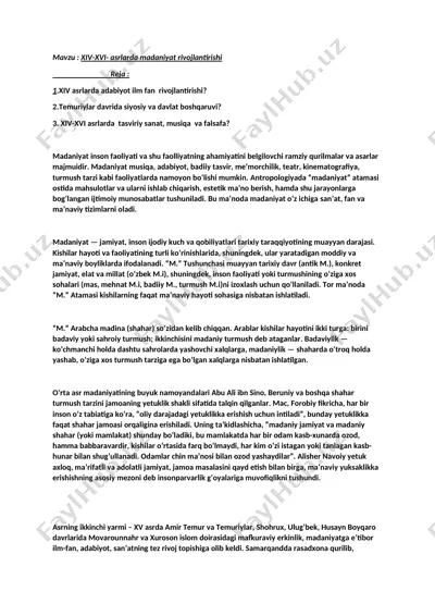xiv-xvi asrlarda madaniyat rivojlantirishi — DOCX