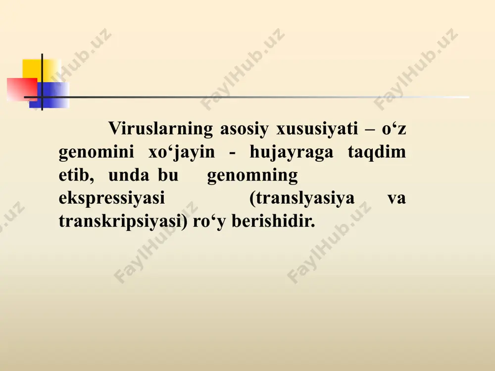 einlanishida ishtirok etadi. lipoproteidlar - hujayra membranasidagi lipidlar va virus superkapisid oqsillari kompleksi bo‘lib, ular virus reproduksiyasi davrida hujayradan chiqish vaqtida hosil bo‘ladi (olinadi). virus lipidlari uglevodlar glikoproteinlar, glikolipidlar tarkibida bo‘lib, 3,5 - 9% ga etadi. ular tegishli molekulalarni hujayra proteazlari ta’siridan himoya qilishda muhim rol o‘ynaydi. uglevodlar. viruslarni ko‘paytirish (reproduksiyasi). viruslar reproduksiyasining o‘ziga xosligi shundaki, rnk yoki dnk sifatida taqdim etilgan genomlar, tuzilishi va shakli bo‘yicha turlichadir, biroq deyarli barcha virus rnk si hujayra dnk si bo‘lishiga qaramasdan replikatsiya bo‘ladi. viruslarga diz’yunktiv reproduksiya usuli xosdir. xotimada yuz beradiki, virus genom va oqsillari sintezi fazo va vaqtga nisbatan buziladi: hujayra yadrosida nuklein kislotalar replikatsiya qilinadi, oqsillar -sitoplazmada va butun virionlarning to‘planishi sitoplazmatik membrananing ichki yuzasida yuz berishi mumkin. viruslarni ko‘payishi eukaryot hujayralarida begona ma’lumotlarni qayta tiklashning noyob tizimi bo‘lib, viruslarning ehtiyojlariga hujayra tuzilmalarining mutlaq bo‘ysunishni ta’minlanishidir. viruslarni ko‘payishida bir qator bosqichlar mavjud. ilk bosqichlariga: - hujayra yuzasida viruslarning adsorbsiyasi; - …
