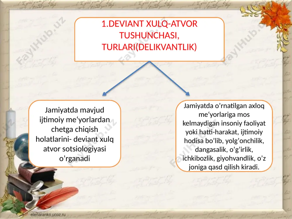 tanparvarlik va baynalminal tarbiyaga alohida yondashishi zarurligi; 6. oshkoralik, ijtimoiy adolat, demokratiya muammolarining ijtimoiy hayotga chuqur kirib borayotgani; 2.dyurkgeym va mortonlarning deviant xulq-atvor nazariyalari; deviant xulq –atvor muamnmosni sotsiologiya fani doiorasida dastlab e.dyurlgeym maxsus o’rgangan bo’lsada,jamiyatning eng qadimiy muammolaridan biri sifatida deviant holatlarga munosabatlar qadim davrlardanoq shakllanib kelgan. deviant xulq-atvorni tahlil qilishda r.merton ishlab chiqqan ta’limot yetakchi o’rinda turadi. e.dyurkgeyming anomiya g’oyasini shakllantirib,merton devioant xulq-atvorga quyidagicha ta’rif beradi “deviant xulq-atvor jamiyatda e’lon qilin gan qadriuatlar va rasmiy xulq-atvor standartlari bilan aholi xulq-atvor mot ivlari hamda i mkoniyatlari mavjudn imkoniyatlarning bir-0biriga mos kelmay qolishi natijasidir.” deviant holatlarni paydo bo’lish,shakllanishi va rivojlanishuchun muhim 3 omil: muammoli holat ijt.nazorat.institut shaxs xususiyati irsiy omillar psixo-fiziologik shaxsning bilim dsarajasi shaxs xususiyatlari shakllanishida asosan 3 omil muhim: anomiya so’zi fransuz tilidan olingan bo’lib ma’nosi “”qonunbuzar,me’yordan o’gishgan’dir. drukgyemni anomiya nazariyasi uning tarixiy-evolutsion konsepsiyasing bir qismi sifarida,an’anaviy va zamonaviy jamiyatdagi muholifatga qaratilgan nazariyadir. foydalanilgan adabiyotlar: 1) karimov i.a.“ona …