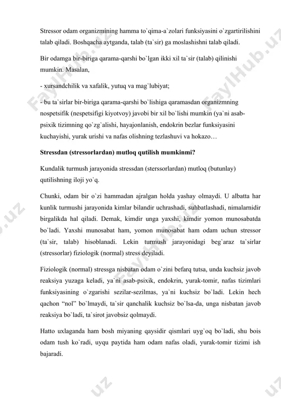 lar ustida tadqiqot tekshiruvini olib borganimda, oaс– обший адаптационный синдром (umumiy moslashuv sindromi) holatini kuzatdim. bu sindrom 3 davrda kechishini aniqladim: ya`ni, - birinchi davr – qo`rqish (hayajonlanish) reaksiyasi (рекция тревоги); - ikkinchi davr – qarshili ko`rsatish (фаза сопротивления); - uchinchi davr – charchash (holdan toyish), (фаза истошения). kalamushlarda tajriba ta`siri natijasida kuzatiladigan uch davrni odam hayotining uch davriga taqqoslash mumkin: - birinchi, bolalik davrida – organizmning tashqi ta`sirlarga qarshilik ko`rsatishi kuchsiz, ammo ta`sirotga reaksiyasi yuqori darajada bo`ladi; - ikkinchi, etuklik – yigitlik davrida ta`sirotlarga nisbatan organizmning moslashuvi, yuqori darajada bo`ladi, ta`sirotga qarshilik ko`rsatishi kuchayadi; - uchinchi, keksalik davrida– ta`sirlarga moslashish qobiliyati yo`qoladi (o`ta kuchsizlanadi). hayvonlarda o`tkazilgan tajribalar, odamlar hayotida jarayonidagi kuzatuvlardan olingan ma`lumotlarga ko`ra xulosa qilish mumkinki, deb yozadi gans sel`ye. odam charchash organizmning tashqi muhit ta`sirlarga moslashish (adaptatsiya qobiliyati) imkoni, zahirasi benihoya katta. bu imkonni (zahirani) ehtiyotlik bilan, chuqur bilim, aql-zakovat bilan sarflab, ko`p yillarga yetkazish mumkin. yoki …