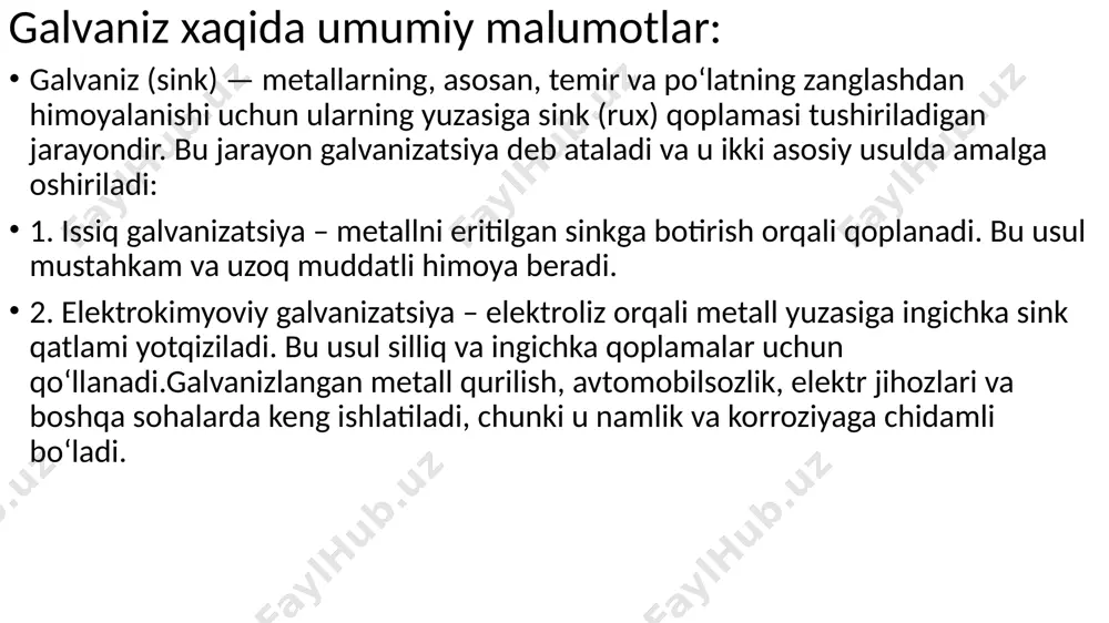 k himoya beradi, lekin issiq galvanizatsiya kabi uzoq muddatli emas. galvanizatsiyalangan metall korroziyaga chidamli bo‘lib, qurilish, avtomobil, elektr va suv ta’minoti sanoatlarida keng qo‘llanadi. galvaniz qoplanmagan xolati boʻyoq qoplamalari va qoʻshimcha qurbonlik anodlari kabi boshqa qoʻshimcha choralar qoʻllanilsa, galvanizli poʻlat koʻp oʻn yillar davom etishi mumkin. tuzsiz muhitda korroziya, asosan, havodagi oltingugurt dioksidi darajasidan kelib chiqadi. galvaniz ishlatilgan holati galvaniz qachon va km tarafdan topilganligi: jarayon italiyalik shifokor, fizik, biolog va faylasuf luidji galvani (1737 yil 9 sentyabr – 1798 yil 4 dekabr) sharafiga nomlangan. ruxlangan temirning eng qadimgi namunasi yevropaliklar tomonidan qirollik qurol-yarogʻ muzeyi kollektsiyasida 17-asr hind zirhlarida uchraydi. uning metal ustida ko'rinishi: galvanizatsiya – mijoz tanasida kontakt yoʻli bilan oʻrnatilgan tok oʻtkazuvchi elektrodlar yordamida doimiy tokning past kuchlanishi (60 v gacha) va kichik tok kuchi (30 ma gacha) bilan organ va toʻqimalarga taʼsir etishga asoslangan davolash usulidir. doimiy tokning toʻqimalarga kirib borishini uning elektr oʻtkazuvchanlik xossasi bilan aniqlanadi. …