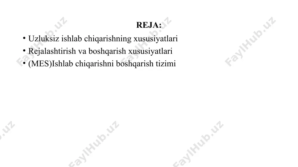 i mumkin. yakuniy mahsulotlarning tarkibini o'zgartirish mumkin emas, shuningdek, ishlab chiqarish birligini ajratib bo'lmaydi, shuning uchun uni o'lchash uchun og'irlik, hajm va boshqalar kabi xususiyatlar qo'llaniladi. texnologik jarayon to'xtatib bo'lmaydigan yoki to'xtatib bo'lmaydigan rejimda o'tganligi sababli korxona faoliyati dam olish va bayramlarsiz kechayu kunduz amalga oshiriladi. ishlab chiqarish ob'ektlari ham doimiy rejimda ishlaydi, uskunalarni ta'mirlash ko'pincha uni to'xtatmasdan amalga oshiriladi. uzluksiz ishlab chiqarishga misollar uzluksiz qiymat yaratish texnologiyasidan foydalanadigan korxonalar neftni qayta ishlash, metallurgiya, sellyuloza-qog‘oz, oziq-ovqat va farmatsevtika sanoatida ishtirok etadi. kimyoviy korxonalarni klassik misol sifatida ko'rish mumkin, ularning faoliyati bir moddaning boshqasiga aylanishi, materiallarning xususiyatlarini, ularning tuzilishini o'zgartirishga va hokazolarga asoslangan. ish texnologiyasi xom ashyoni keyingi qayta ishlash uchun oldindan tayyorlashni nazarda tutadi. shundan so'ng, mikserlar, separatorlar, ustunlar, reaktorlar va boshqalar kabi uskunalar, shuningdek, turli moddalar va katalizatorlar yordamida mahsulotlarni olishning haqiqiy jarayoni kuzatiladi. uzluksiz ishlab chiqarishga misollar kimyo sanoatida kiruvchi xom ashyo jiddiy tanlovdan o'tadi va ishlab chiqarilgan …