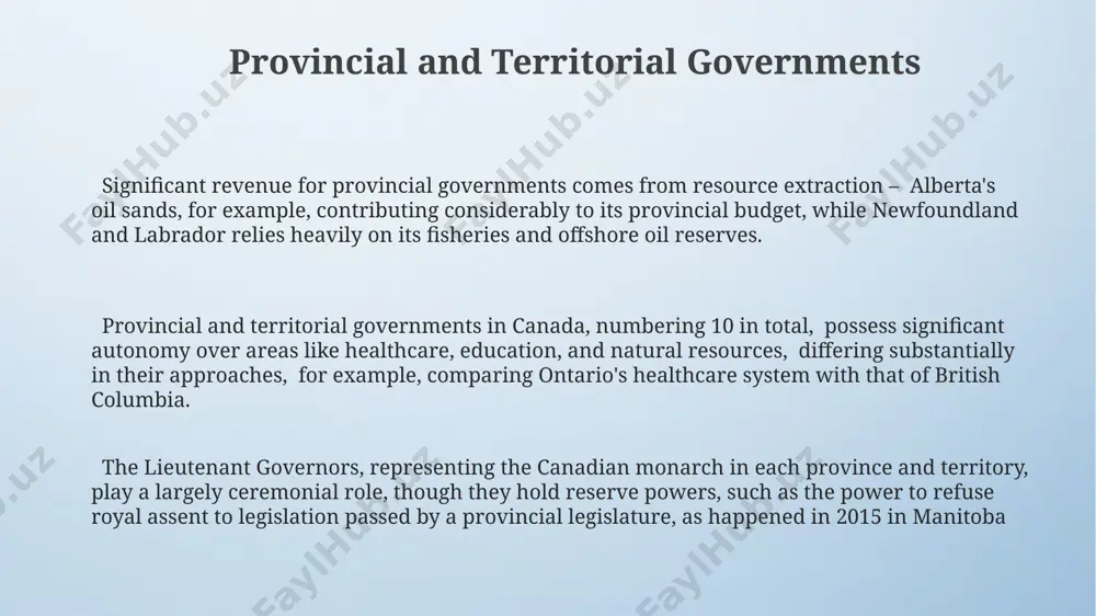 nts across regions like british columbia and quebec. canada's federal government structure canada's federal government comprises 10 provinces and 3 territories, each with its own legislative assemblies, impacting the distribution of federal funds and the implementation of national policies across diverse geographical regions like quebec and british columbia. the federal government's power is divided among three branches: the executive (prime minister and cabinet), the legislative (parliament), and the judicial (supreme court of canada), ensuring a balance of powers as outlined in the constitution act of 1867. the canadian senate, with 105 appointed members, represents regional interests, acting as a check on the power of the elected house of commons, thus influencing the legislative process and ensuring balanced representation across the country. post-secondary education in canada canada boasts over 90 publicly funded universities and colleges, offering diverse programs from engineering in waterloo to fine arts in montreal, attracting both domestic and …