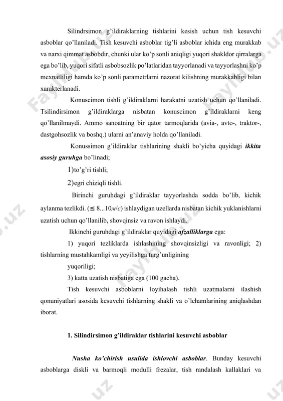 b chiqariladi. tish randalash kallaklari va sidirgichlar maxsus kesuvchi asboblar bo’lib, alohida modul va tishlarni tayyorlashga mo’ljallangan, ularni ommaviy ishlab chiqarish sharoitida maxsus dastgohlarda qo’llanilib tayyorlash murakkab va alohida holatlarda qo’llaniladi. diskli tish kesuvchi frezalarni shakldor kesuvchi qirrali diskli freza ko’rinishida tayyorlanadi va ularni bo’luvchi kallak bilan jihozlangan universal-frezerlik dastgohlarida to’g’ri tishli ba’zida egri tishli g’ildiraklarning (m = 03...26мм) tishlarini kesishda qo’llaniladi. tish kesish jarayonida freza o’z o’qi atrofida aylanadi, zagotovkaga surish xarakati beriladi (bo’luvchi kallak tomonidan). kirishni boshida freza to’liq chuqurlikka kesib kiradi va o’q bo’ylab xarakatlanadi. bunday kesuvchi asboblarni afzalliklaridan biri qayta charxlanishining soddaligidir. barcha kesuvchi asboblar kabi diskli modulli frezalar ham oldingi qirrasi bo’ylab charxlanadi. ular bilan tish kesish jarayoni oddiy bo’lib (sozlash va kinematikasi) maxsus tish kesish dastgohlari talab etilmaydi. ammo tishlarni bunday kesish usulini unumdorligi past, frezani zagotovkaga nisbatan o’rnatish va bo’lish kallagini hatoliklari sababli aniqligi past. bunday asboblarda eng past (9 va 10) aniqlikdagi …