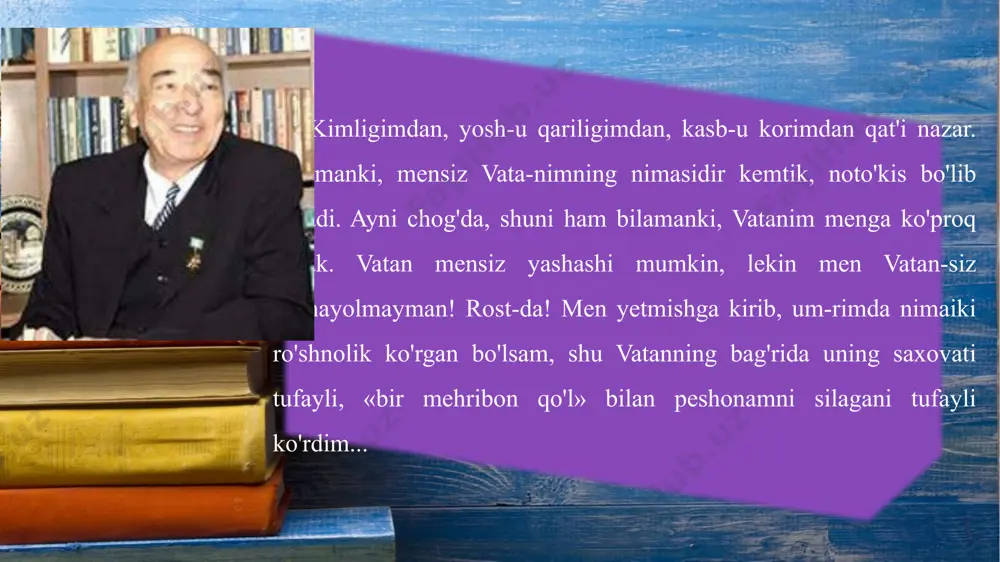 h sinflarda maktab hovlisidagi daraxtlarga ko'p ham ahamiyat beravermas, agar ularning shoxiga varragingiz ilinib qolsa yoki shoxdagi mevalarga qo'lingiz yetmasa, hech narsani o'ylab o'tirmay, daraxt shoxini sindirish mumkindek tuyulardi. image1.jpeg image2.jpeg image3.jpeg image4.png image5.png image6.jpeg image7.jpeg /docprops/thumbnail.jpeg