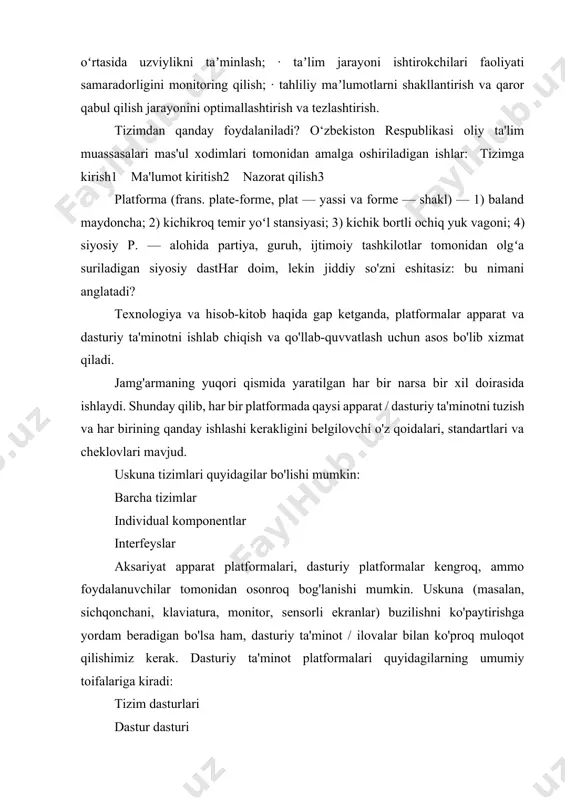 ot qilishimiz kerak. dasturiy ta'minot platformalari quyidagilarning umumiy toifalariga kiradi: tizim dasturlari dastur dasturi barcha tizimlar uskuna tizimlari platformalar, ish stantsiyalari, ish stollari, noutbuklar, planshetlar, smartfonlar va boshqalar kabi butun tizimlar (ya'ni hisoblash qurilmalari) bo'lishi mumkin. ularning har biri apparat platformasini ifodalaydi, chunki ularning har biri o'z ariza omiliga ega, boshqa tizimlardan mustaqil ravishda ishlaydi va foydalanuvchilarga, xususan, foydalanuvchilarga resurslar yoki xizmatlarni (masalan, ishlaydigan dasturiy ta'minot / ilovalar, qurilmalar / internetga ulanish va boshqalarni) original dizayn bilan kutish mumkin emas. shaxsiy komponentlar kompyuterlarning markaziy protsessorlari (cpu) kabi alohida komponentlar ham apparat platformalari hisoblanadi. protsessorlar (masalan, intel core, arm cortex, amd apu) butun tizimni tashkil etuvchi boshqa komponentlar bilan ishlash, aloqa va o'zaro ta'sirlarni aniqlaydigan turli mimarilerga ega. misol uchun, protsessorni anakart, xotira, disklar, kengaytirish kartalari, tashqi qurilmalar va dasturiy ta'minotni qo'llab-quvvatlaydigan asos sifatida ko'rib chiqing. ba'zi tarkibiy qismlar turiga, shakliga va muvofiqligiga qarab bir-biri bilan o'zaro almashtirilishi mumkin yoki bo'lmasligi …