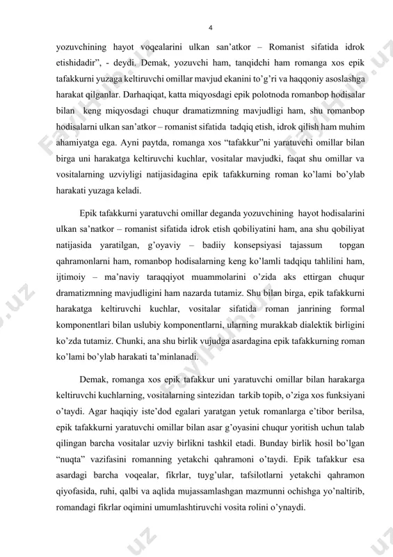 о‘zbek nasrida tutgan о‘rni baholi qudrat о‘z bahosini topdi. hanuzgacha tanqidchilikda milliy nasrdagi yangi hodisalar oldindan tayyorlangan ilmiy qoliplarga moslashtirishga urinilmoqda. munaqqidlarning odil yoqubov va pirimqul qodirov asarlarni tahlilu talqin qilishdagi usullari va ayni paytda ular fikridagi о‘xshash, mushtarak jihatlari nimalarda namoyon bо‘ladi? bu xususida a.rasulov, d.quronov, i.yoqubov kabi olimlarning bildirgan mulohazalari inobatga olinmasa, boshqa yirik tadqiqot yaratilmagan. tadqiqot obyekti va predmeti. ishda o. yoqubov va p. qodirovning romannavislik faoliyatiga bag‘ishlangan maqolalar, roman janrining xususiyatlari yoritilgan asarlar manba sifatida olindi. shuningdek tadqiqot davomida yozuvchilarning о‘z asarlariga ham murojaat qilindi. tadqiqotning metodologik asoslari. о‘zbekiston respublikasi vazirlar mahkamasi tomonidan ishlab chiqilgan kadrlar tayyorlash milliy dasturidagi kо‘rsatmalar, prezident i.a.karimovning milliy madaniyat va manaviyatni rivojlantirishga doir nazariy asarlari tashkil etiladi. ishning ilmiy – nazariy yо‘nalishini belgilashda i.sulton, o.sharofiddinov, u. normatov, b.nazarov, a.rasulov, d.quronov, q.yо‘ldoshev, p.qо‘chqor, kabi munaqqidlarning asarlari metodologik asos bо‘lib xizmat qiladi. ishning nazariy va amaliy ahamiyati. ushbu tadqiqotning natijalari va xulosalari adabiyotshunoslik …