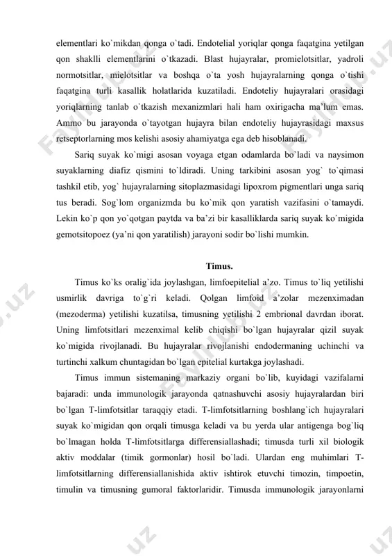 liq bo`lmagan holda t-limfotsitlarga differensiallashadi; timusda turli xil biologik aktiv moddalar (timik gormonlar) hosil bo`ladi. ulardan eng muhimlari t-limfotsitlarning differensiallanishida aktiv ishtirok etuvchi timozin, timpoetin, timulin va timusning gumoral faktorlaridir. timusda immunologik jarayonlarni boshqarishda ishtirok etuvchi, organizmning o`sishiga ta’sir ko`rsatuvchi moddalar ham ishlanadi. timus qizil suyak ko`migi va immun sistemaning barcha periferik organlari bilan chambarchas bog`liq. timusda yetilgan t-limfotsitlar periferik organlarning maxsus timusga tobe (t) zonalarida joylashadi va shu yerda ko`payib, himoya reaksiyalarida ishtirok etadi. timus faoliyatining tug`ma yoki biror kasallik ta’sirida buzilishi organizm himoya reaksiyalarining keskin susayishiga olib keladi. bunday hollar immunitet yetishmovchiligi yoki immunodefitsit holatlar deb ataladi. bunga yorqin misol qilib odam immunodefitsitini keltirib chiqaradigan virusli immunodefitsit sindromni (oits ni) ko`rsatish mumkin. yangi tug`ilgan hayvonlarda timus olib tashlansa, ularning periferik immun organlarida limfotsitlarning ko`payishi va takomillanishi keskin buziladi va qonda t-limfotsitlarning miqdori pasayib ketadi. bunday organizm kasallik chaqiruvchi mikroblar va viruslar ta’siriga chidamsiz bo`lib qoladi, lekin ko`chirib o`tkazilgan …