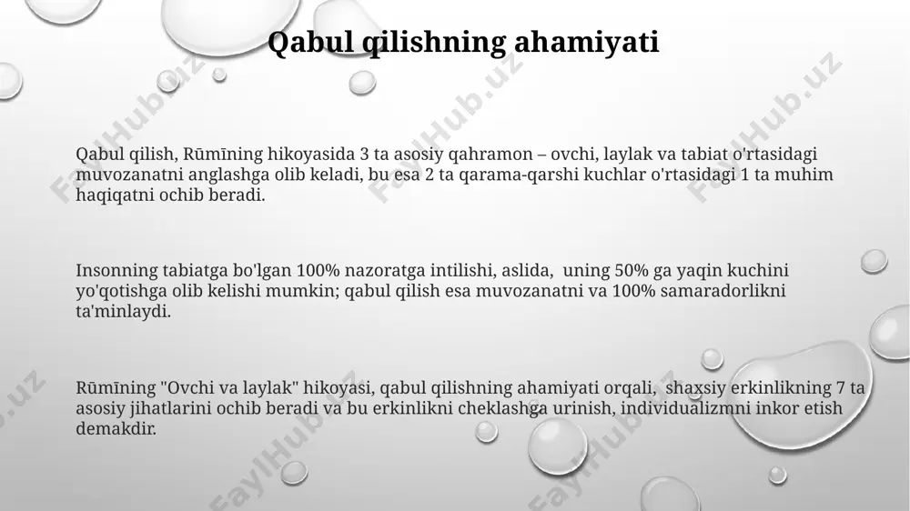 molarini aks ettiradi. savollar va muhokamalar "savollar va muhokamalar" rumiyning "ovchi va laylak" hikoyasidagi ovchining laylakni bo'ysundirishga urinishi orqali 3 ta asosiy savolni – erkinlik, tabiat va insoniyatning o'zaro munosabatini ko'taradi. hikoyaning muhokamasi 2ta asosiy nuqtaga – tabiatning o'ziga xosligiga hurmat va majburlashning samarasizligiga qaratilgan bo'lib, 5ta falsafiy tushunchaga asoslanadi. "savollar va muhokamalar" bo'limida hikoyaning 7 ta turli talqini va har bir talqinning 2-3 ta argumentlari muhokama qilinadi, bu esa matnning chuqurligiga ishora qiladi. hikoyaning ramziy ma'nosi qushning 7 kunlik qafasdagi azobi, 3 marta ovga chiqarilishiga qaramay, uni bo'ysundirishning iloji yo'qligini ko'rsatadi, bu esa insoniyatning tabiatga bo'lgan zo'ravonlik va qarshiliklarining samarasizligini anglatadi. hikoya, 2 ta asosiy qahramon – ovchi va laylak orqali 1 ta muhim g'oyani – individualizm va erkinlikni hurmat qilishning ahamiyatini ifodalaydi. laylakning o'z-o'zidan bo'lish istagi, 100% erkinlikka intilishi, insonning o'ziga xosligini qadrlash va uning tabiiy holatini qabul qilish zarurligini ta'kidlaydi. laylakning qarshiligi va injiqligi laylakning o'zining yovvoyi …