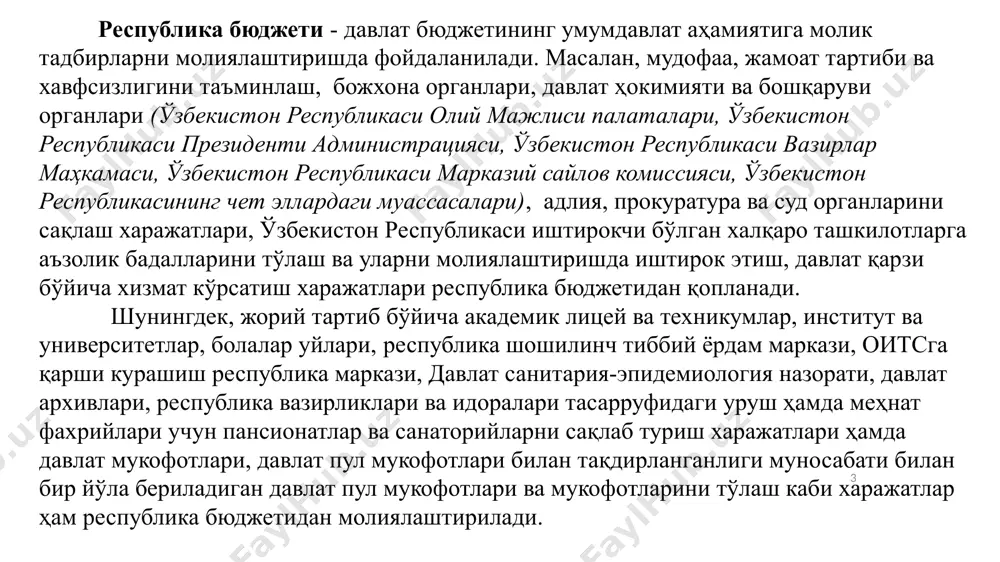 а юклатилган функция ва вазифаларнинг самарали амалга оширилиши уларнинг молиявий маблағ билан қай даражада таъминланганликларига бевосита боғлиқдир. 6 7 маҳаллий ҳокимият органлари фаолиятини молиявий таъминлаш ва қўллаб-қувватлашда маҳаллий бюджетлар муҳим ўрин эгаллайди, шу сабабли маҳаллий бюджетлар маблағларини шакллантириш ва бошқариш шу ҳудудда яшовчи аҳоли учун устувор аҳамиятга эга. маҳаллий бюджетлар орқали ялпи ҳудудий маҳсулот (яҳм)нинг бир қисми ҳудуднинг умумий ижтимоий-иқтисодий эҳтиёжларини қондиришга сафарбар этилади. ҳудудлардаги ишлаб чиқариш, хизмат кўрсатиш субъектларининг фаолияти маҳаллий бюджетлар орқали тартибга солинади ва бошқарилади; маҳаллий бюджетларни самарали ва оқилона бошқариш аҳолини ижтимоий ҳимоя қилиш, маҳаллий ишлаб чиқарувчилар фаолиятини қўллаб-қувватлаш асосида улар фаолиятини кенгайтириш, ишлаб чиқариш ва тадбиркорликни ривожлантириш, аҳолини иш билан бандлигини ошириш, ижтимоий, ишлаб чиқариш ва бозор инфратузилмасини яхшилаш, ҳудудларни ободонлаштириш ва кўркамлаштириш, ижтимоий хизмат кўрсатувчи давлат муассасаларини замон талабларига мос моддий техника базаси билан таъминлаш ва тегишли ҳудуд иқтисодиётини ривожлантириш имконини беради; юқоридагилардан келиб чиқиб, хулоса қилиш мумкинки, тегишли маъмурий ҳудуд (вилоят, туман ва …