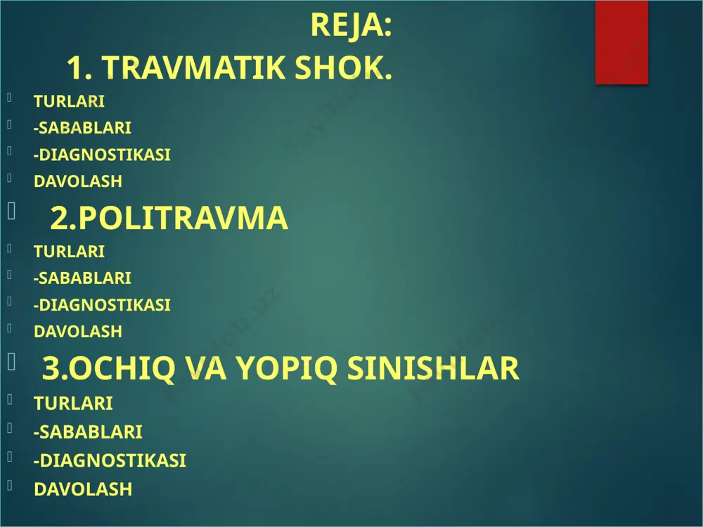hishi kuzatiladi. ko’zlar porlaydi, ko’z qorachig’i kengayadi, ko’rinish bezovta bo’ladi. teri sovuq loy rangida ter bilan qoplanadu 7 shok turlari: gipotensiv shok: qon bosimining keskin pasayishi. kardiogen shok: yurak faoliyatining yomonlashishi. anafillektik shok: allergik reaktsiyalar natijasida yuzaga keladi. travmatik shokning sabablari og‘ir jarohatlar: suvda yoki transportda sodir bo‘ladigan avariyalar, yuqori qismning jarohati, suyaklar qirilib ketishi. ichki qon ketishlar: jigar, miltq, yoki boshqa organlarning jarohatlanishi natijasida yuzaga keladi. oziq-ovqat yoki kimyoviy toksinlar: qon aylanishini buzadigan moddalar. travmatik shokning belgilari qon bosimining pasayishi: sistolik qon bosimi 90 mmhg dan past bo‘lishi. tez yurak urishi: yurak urish tezligi 100 urish/minutdan ko‘proq. terining rang o‘zgarishi: terining rangining oqarishi yoki ko‘karmasi, shuningdek, terining sovuq bo‘lishi. diagnostika tashxis qo‘yish usullari: klinik ko‘rik, anamnez olish, travma tarixi. laboratoriya tadqiqotlari: qon tekshiruvi (hemoglobin, qon guruhi). elektrolitlar darajasi. instrumental tadqiqotlar: ultrasonografiya (usg) — ichki qon ketishlarni aniqlash. rentgen — suyaklarning holatini baholash. travmatik shokni davolash birinchi yordam: bemorni yotqizish …