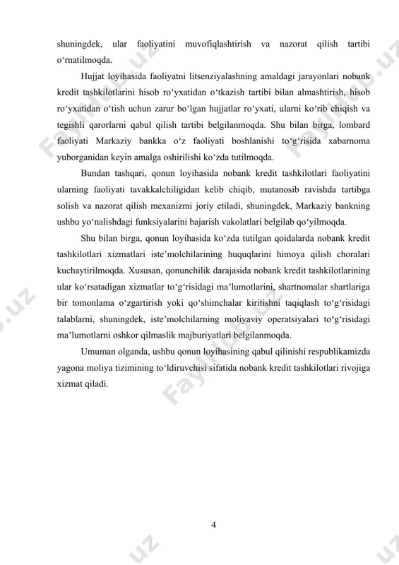 097 mlrd so‘mga) o‘sgan holda 1 669 mlrd so‘mni tashkil etgan (bunda kreditlash surati 1 063 mlrd so‘mga ortgan). iqtisodiyotni modernizatsiyalash sharoitida o‘zbekiston respublikasi bank tizimini hamda nobank tashkilotlari faoliyatini 2011-2015 yillarda rivojlantirish yo‘nalishlari. «aynan banklar, ta’bir joiz bo‘lsa, butun iqtisodiyotimizni oziqlantirib turadigan qon tomir hisoblanadi, mamlakatimizning moliyaviy-iqtisodiy barqarorligi ko‘p jihatdan ularning samarali faoliyatiga bog‘liq”. muhtaram prezidentimizning vazirlar mahkamasi yig‘ilishlaridagi dasturiy ma’ruzalarida belgilangan ustuvor vazifalar: bank-moliya tizimining barqarorligini ta’minlash va bunda banklarning kapitallashuvini kuchaytirish; aholi va xo‘jalik sub’ektlarining bo‘sh pul mablag‘larini banklarning uzoq muddatli depozitlariga jalb etish; kichik biznes va xususiy tadbirkorlikni, fermerlikni rivojlantirishni moliyalashda tijorat banklarining rolini kuchaytirish. mazkur qaror bilan respublika moliya-bank tizimini yanada isloh qilish, uning barqarorligini oshirishning ustuvor yo‘nalishlari hamda yuqori xalqaro reyting ko‘rsatkichlariga erishishga qaratilgan 2 ta dastur: 1) “2011-2015 yillarda respublika bank tizimini yanada isloh qilish, uning barqarorligini oshirish va yuqori xalqaro reyting ko‘rsatkichlariga erishish bo‘yicha chora-tadbirlar” dasturi; 2) “2011-2015 yillarda mikromoliyalash va nobank …