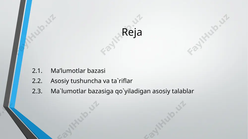 ishning avtomatlashtirilgan tizimidir. uning tarkibiga texnik vositalar, mb yoki ularning majmualari, mbbt hamda amaliy dasturlar paketi kiradi. ma’lumotlarni o’zida saqlab va mbbt ostida boshqariladigan fayl oldin «ma’lumotlar banki» deb atalib, keyinchalik esa “ma’lumotlar bazasi” deb yuritila boshlandi. ma’lumotlar banki ma’lumotlar banki istalgan ma’lumotlar to’plamiga tegishli bo’lishi mumkin, jumladan mustaqil fayllar, mb va axborot izlovchi tizimlar. ma’lumotlar bazasidan va bankidan foydalanish o’zaro bog’langan ma’lumotlar to’plamlariga kirishni ulardan foydalanishni avtomatlashtirish, ma’lumotlarni yangilash, keraksizlarini yo’qotishni avtomatlashtirishni ta’minlaydi, jumladan effektiv paketli holatni va teleprotsessorli ma’lumotlarni ishlashni ta’minlaydi ma`lumotlar bazasini boshqarish tizimi (mbbt) ma’lumotlar bazasini yaratish, ishlatish va ko’pchilik foydalanuvchilar tomonidan birgalikda foydalanishni ta’minlovchi tillar va dasturiy ta’minotlari to’plamiga aytiladi asosiy tushuncha va ta`riflar mb, bu maxsus formatga ega bo`lgan muayyan tuzilmali fayl bo`lib, u yozuv deb ataladigan bir xil turdagi qismlardan iborat bo`ladi. yozuv-o`zaro bog`langan ma`lumotlarning bir qismidir. har bir yozuv maydon deb ataladigan bo`laklardan tashkil topadi. maydon ma`lumotlarning eng kichik qismi hisoblanadi. u …