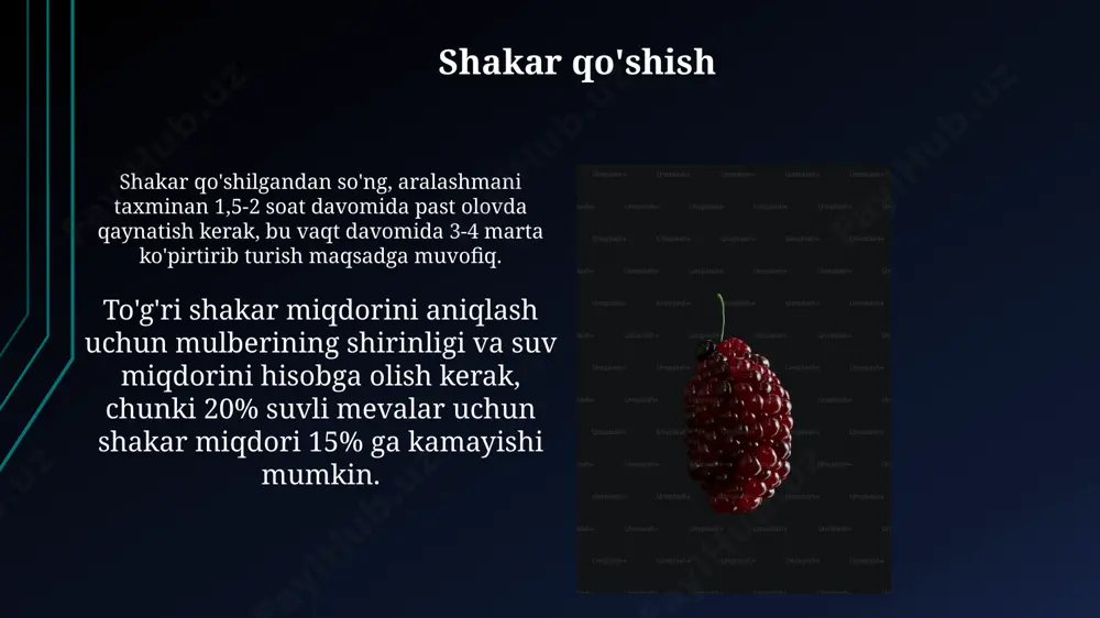 ni mavjud bo'lib, bu kunlik ehtiyojning 40% ni qoplaydi va immunitet tizimini mustahkamlashga yordam beradi. turli xil retseptlar toshkentdagi 5 ta mashhur oshpazning sholi qo'shilgan tut meva murabbo retseptlari 2023-yilgi milliy taomlar tanlovida yuqori baholarga sazovor bo'ldi. samarqand viloyatida an'anaviy ravishda tayyorlanadigan tut murabbosi retsepti 700 gramm shakar va 500 gramm tutdan iborat bo'lib, o'rtacha 1,5 soat pishiriladi. tozalash va tayyorlash tayyorlash uchun 1 kg tozalangan mulberry, 700 gramm shakar va 1 dona limon sharbati 1 soat davomida past olovda qaynatiladi, andijon viloyatining an'anaviy retsepti bo'yicha. mulberryni qaynatish jarayonida ko'pik hosil bo'ladi, uni 15 daqiqada bir marta olib tashlash kerak, bu esa jamning sifatini yaxshilaydi, taxminan 2 soat davom etadi. qalinlashtirish usullari pektin qo'shish orqali 2-3% gacha qalinlashtirish mumkin, bu usul toshkentdagi zamonaviy jam ishlab chiqaruvchilari orasida keng tarqalgan. bunda 50-70 daraja haroratda ishlash maqsadga muvofiq. qalinlashtirishning tabiiy usuli sifatida 100 gramm mulberi sharbatiga 20 gramm olma pyuresi qo'shib, 85°c …