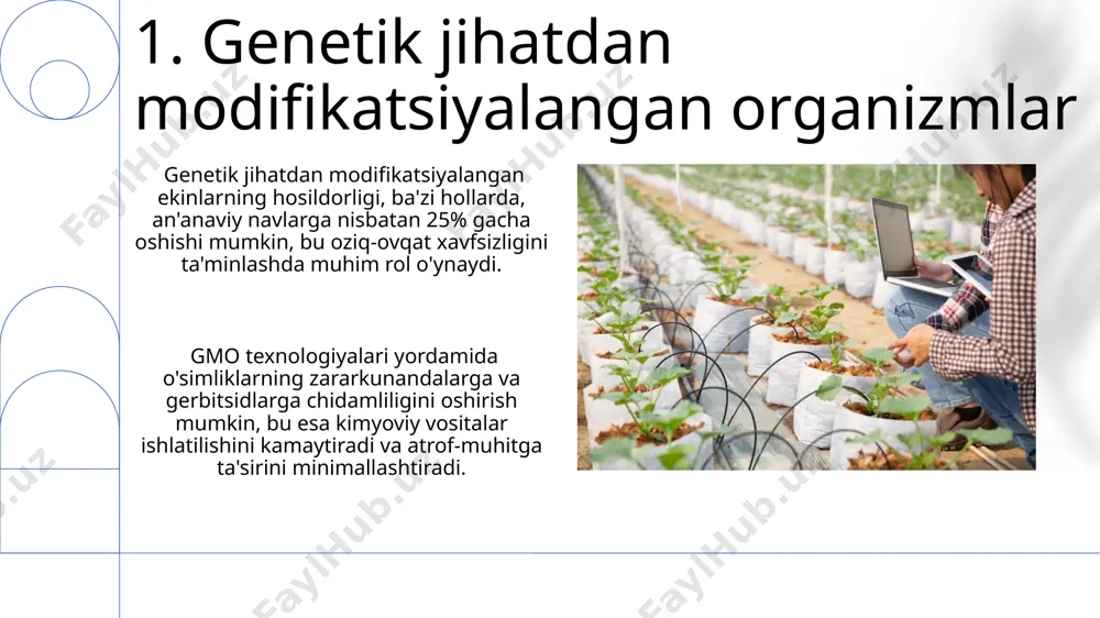 mdorligini 15-25% ga oshirish uchun, o'simlik aylanishi, ya'ni har yili turli xil ekinlar ekish orqali, tuproqning charchoqdan saqlanishi va ozuqa moddalar balansining saqlanishi ta'minlanadi. 11.qishloq xo'jaligining iqtisodiy jihatlari qishloq xoʻjaligida foyda koeffitsiyenti, oʻrtacha hisobda, 15-25% atrofida boʻlib, bu koʻrsatkich sarmoyalar hajmi, texnologiyalar darajasi va hosildorlikka bogʻliq. qishloq xoʻjaligi mahsulotlarining narxlari jahon bozoridagi taʼminot va talabga, shuningdek, valyuta kurslarining oʻzgarishiga bogʻliq holda 10-20% gacha oʻzgarib turishi mumkin. 12.o'g'itlar va ularning qo'llanilishi fosforli o'g'itlar, masalan, superfosfat, o'simliklarning ildiz tizimini rivojlanishiga yordam beradi va gullash davrini tezlashtiradi, ularning samaradorligi 10-15 kg/ga gacha yetishi mumkin. o'g'itlarning 30% dan ortig'i azotli o'g'itlar bo'lib, ular o'simliklarning o'sishini tezlashtiradi va hosildorlikni 15-20% ga oshiradi, ammo ortiqcha qo'llanilishi tuproqning ifloslanishiga olib keladi. e'tiboringiz uchun rahmat @taqdimot_robot image1.png image2.jpg image3.jpg image4.jpg image5.jpg image6.jpg image7.jpg image8.jpg image9.jpg image10.jpg image11.jpg image12.jpg image13.jpg