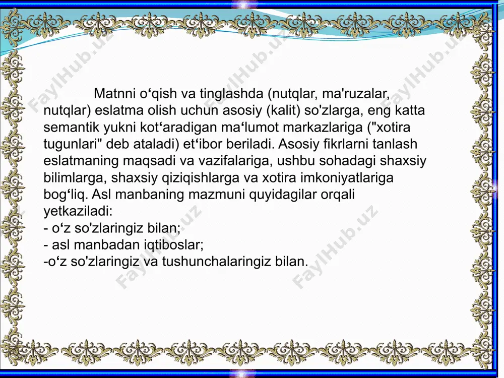 rganish jarayonida talabaning o‘zi tomonidan tuziladigan konspekt. uning rivojlanishi osonlashtiradi ms power point texnologiyalaridan foydalanish, konspekt uchun asos bo'lishi mumkin elektron konspekt, elektron darslik yoki elektron o‘quv qo‘llanma o‘quv elektron nashri turi sifatida. image4.gif image5.png /docprops/thumbnail.jpeg