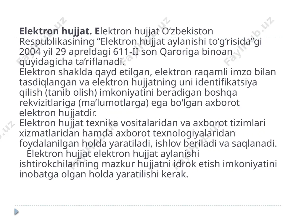 alar) tuzish, hisob-kitoblarni, rasmiy va norasmiy yozishmalarni amalga oshirish hamda boshqa axborotlarni almashishda foydalanish mumkin. turli kompaniyalarning avtomatlashtirilgan tizimlari orasida standartlashtirilgan shakldagi ish hujjatlarining (buyurtmalar, hisob raqamlari va sh.k.) ma’lum shakldagi elektron almashinuvi elektron hujjat almashinuvi tizimini belgilaydi. «e-hujjat» elektron hujjat aylanish tizimini rivojlantirish yo‘llari hozirgi kunda respublikamizda ishlab turgan tizimlarning o‘nga yaqin turi mavjud. eng keng qo‘llanilayotgan tizimlar milliy korxonalar tomonidan ishlab chiqilgan germes», «e-hujjat», «fido-docflow» tizimlari hamda chet el kompaniyalari tomonidan ishlab chiqilgan efrat, lotus domino va boshqalar. qo‘llanilayotgan tizimlarning asosiy kamchiligi elektron hujjatga yuridik maqom berish imkonining yo‘qligi va ko‘pgina tizimlarni foydalanuvchilarning ishlatish jarayoni murakkabligi hisoblanadi. hozirgi kunda faqatgina «e-hujjat» tizimida yuridik maqom berish imkoni mavjud.« germes» tizimida esa bu ish amalga oshirilyapti bundan tashqari, tizimlarning asosiy qismi o‘zbekiston respublikasi vazirlar mahkamasining 1999-yil 29-martdagi 140-sonli qarori bilan tasdiqlangan «o‘zbekiston respublikasi vazirliklari, davlat qo‘mitalari, idoralari, korporatsiyalari, konsernlari, uyushmalari, kompaniyalari va boshqa markaziy tashkilotlari apparatlarida ish yuritish va ijro …
