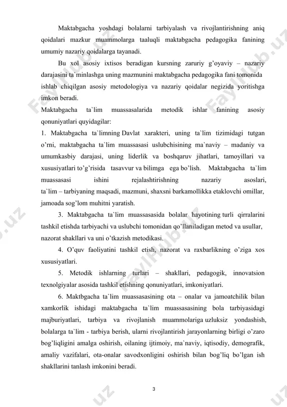 tarbiyachi va uslubchi tomonidan qo’llaniladigan metod va usullar, nazorat shakllari va uni o’tkazish metodikasi. 4. o’quv faoliyatini tashkil etish, nazorat va raxbarlikning o’ziga xos xususiyatlari. 5. metodik ishlarning turlari – shakllari, pedagogik, innovatsion texnolgiyalar asosida tashkil etishning qonuniyatlari, imkoniyatlari. 6. maktbgacha ta`lim muassasasining ota – onalar va jamoatchilik bilan xamkorlik ishidagi maktabgacha ta`lim muassasasining bola tarbiyasidagi majburiyatlari, tarbiya va rivojlanish muammolariga uzluksiz yondashish, bolalarga ta`lim - tarbiya berish, ularni rivojlantirish jarayonlarning birligi o’zaro bog’liqligini amalga oshirish, oilaning ijtimoiy, ma`naviy, iqtisodiy, demografik, amaliy vazifalari, ota-onalar savodxonligini oshirish bilan bog’liq bo’lgan ish shakllarini tanlash imkonini beradi. boblarning izchilligi. maktabgacha ta`lim muassasasida metodik ishlar kursining o’quvchi-talabalarni kasbiy tayyorlash tizimidagi axamiyati bilan va malakalarini o’zlashtirish vaqtida bolalarni tarbiyalash masalalari ochib beriladi, shuningdek fanlar o’rtasida va fanlar ichida aloqalar o’rnatishga imkon beradi. darslikda o’quvchi - talabalarning bilimlarni o’zlashtirish va mustahkamlash maqsadida nazorat savollari, tayanch iboralar va test savollari, boblarga tavsiya qilingan adabiyotlar ro’yxati kiritilgan. ushbu …