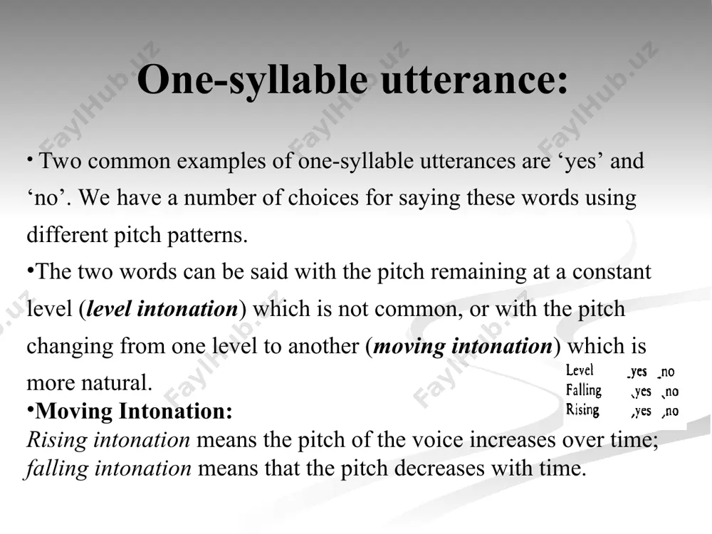 xtra pitch height. fall: neutral statement, conclusion e.g. have you seen ann? yes. (falling intonation indicates ‘i have answered your question and do not intend to add anything else’) rise: questioning, doubt, desire to continue conversation e.g. have you seen ann lately? yes… (rising intonation indicates ‘i want to continue the conversation, i am curious’) rise-fall: emphatic statement, irritation, command do i really have to clean my room? yes! fall-rise: surprise, scepticism ann and peter were on good terms at the party? yes! level: boredom, lack of interest can you remember peter jackson, the cost consultant for our company in taiwan? the other day in the office i invited him for dinner, he’ll be coming tomorrow. yes. we shall begin by considering the fall: here is a tone unit solely composed of a tonic syllable things become more complicated when we add syllables in this case there are no stressed …