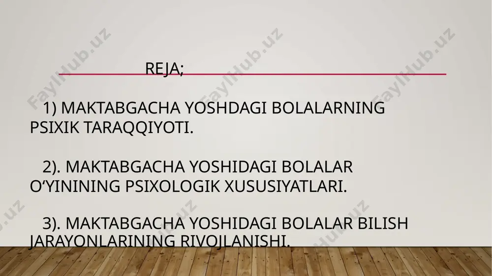blanadi. maktabgacha yoshdagi bolalar psixologiyasida juda tez sifat o‘zgarishlari bo‘lishini inobatga olgan holda 3 davrga: (3-4 yosh) kichik maktabgacha davr, (kichik bog‘cha yoshi), (4-5 yosh) o‘rta maktabgacha davr, (o‘rta bog‘cha yoshi) , (6-7 yosh) katta maktabgacha davr (katta bog‘cha yoshi)ga ajratish mumkin. bola rivojlanish jarayonida kishilik avlodi tomonidan yaratilgan predmet va hodisalar olami bilan munosabatga kirishadi. image2.jpeg image3.jpeg image4.jpeg image5.jpeg image6.jpeg image1.jpg