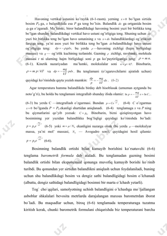 miqdorigina yerning atmosfera qobig`ini tashlab ketadi. biroq bunday holat, masalan, oyning atmosferasini yo`qotishga olib kelishi (qachonlardir oy atmosferaga ega bo`lgan bo`lsa) mumkin edi (bu to`g`rida keyinroq batafsil to`xtalib o`tamiz). perren tajribasi: 14 formuladan perren barometrik formulani tajribada tekshirish va bol`sman doimiysini aniqlash (yoki xuddi shunday avogadro sonini aniqlash) uchun foydalandi. bunda perren o`zining broun harakatiga doir tajribalarida ko`rsatganidek, uncha katta bo`lmagan muallaq zarralarni juda katta o`lchamli o`zaro ta`sirlashmaydigan molekulalar deb qarash mumkin ekanligi faktidan foydalandi. shuning uchun broun zarrasiga o`xshash zarralar suyuqlikda muallaq bo`lib og`irlik kuchi ta`siriga duch kelsa, balandlik o`zgarishi bilan gaz molekulalari singari, ya`ni (6-14) qonunga muvofiq taqsimlanadi deyish mumkin. perren bir-biriga aralashmaydigan ikki suyuqlikdan iborat emulsiya tayyorladi. bu emulsiyada bir suyuqlik ikkinchisida muallaq bo`lgan mayda tomchilar hosil qiladi, bu tomchi zarralarining o`lchamlari deyarli bir xil va taxminan sharsimon shaklda. vertikal o`rnatilgan va aniqlik darajasi juda kichik bo`lgan mikroskop yordamida muallaq zarralarning balandlik bo`yicha taqsimlanishi kuzatildi (6-2 -rasm). …