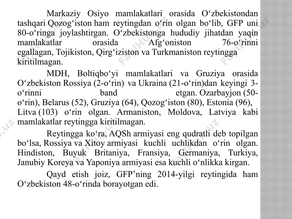 haqida“gi farmonlari bilan mamlakatimiz hududida joylashgan mazkur turlardagi qoʻshinlar respublika tasarrufiga olindi va sifat jihatidan takomillashtirildi. shu tarzda mustaqil mamlakat qurolli kuchlarini barpo etishning tashkiliy davri yakunlandi. oʻzbekiston respublikasi oʻz qurolli kuchlarini tuzishda birlashgan millatlar tashkiloti (bmt)ning huquqiy meʼyorlari, yevropada xavfsizlik va hamkorlik boʻyicha xelsinki yakunlovchi akti, mdh kollektiv xavfsizlik shartnomasi kabi xalqaro hujjatlarning barcha talablariga rioya qildi. oʻzbekiston respublikasi prezidentining 1992-yil 3-iyuldagi farmoniga muvofiq, mudofaa ishlari vazirligi mudofaa vazirligiga aylantirildi. oʻzbekiston respublikasining „mudofaa toʻgʻrisida“, „umumiy harbiy majburiyat va harbiy xizmat toʻgʻrisida“ hamda „muqobil xizmat toʻgʻrisida“gi qonunlari qabul qilindi. 1993-yilning 22-noyabrda „oʻzbekiston respublikasi qurolli kuchlari harbiy qismining jangovar bayrogʻi toʻgʻrisida“gi prezident farmoni imzolanib, qurolli kuchlar jangovar bayrogʻining yagona namunasi belgilandi. oʻzr oliy kengashining 1993-yil 29-dekabrdagi oʻzbekiston respublikasining „vatan himoyachilari kunini belgilash toʻgʻrisida“gi qonuniga binoan, 14-yanvar — vatan himoyachilari kuni, deb eʼlon qilindi. 1995-yil avgustida qabul qilingan oʻzr harbiy doktrinasi mamlakatning harbiy sohadagi siyosatini belgilab berdi. mintaqadagi harbiy siyosiy vaziyatdan kelib …