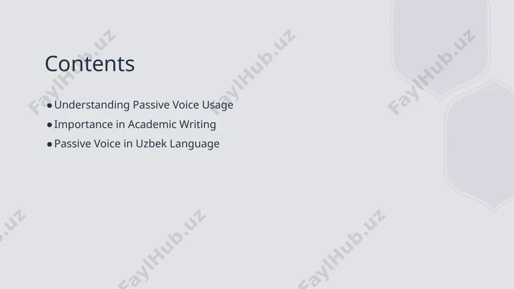ore objective tone in academic writing. formality and tone the passive voice contributes to a formal tone preferred in scholarly communication, aligning with academic conventions that prioritize structured and impersonal language. exploring the structure and usage of passive voice in uzbek language. 1 structure of passive voice in uzbek, the passive voice is formed using an auxiliary verb with the past participle, emphasizing the action's recipient rather than the doer. 2 usage in sentences passive constructions in uzbek often appear in academic and formal writing, allowing authors to focus on results and findings over personal involvement. 3 cultural perspectives the use of passive voice in uzbek reflects cultural nuances, prioritizing collective outcomes, which aligns with the communal values prevalent in uzbek society. cultural implications of passive voice in uzbek academic writing. cultural relevance in uzbek academic writing, the passive voice reflects cultural values of humility, allowing authors to prioritize ideas …