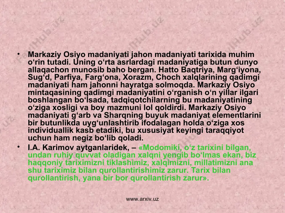 a farqlar bo‘lishiga qaramasdan ilgaridan yaqin munosabatlar o‘rnatilgan. diniy e’tiqodlar, urf-odatlar, folklor, axloqiy me’yorlardagi umumiylik madaniy umumiylikning shakllanishiga olib kelgan. shuning uchun, bundan keyin markaziy osiyoning yaxlit madaniyatini tashkil qiluvchi turli submadaniyatlar mavjudligi haqida to‘xtalish joizdir: qadimgi davlatlar sub madaniyati (baqtriya, sug‘d, xorazm, farg‘ona, marg‘iyona), dasht ko‘chmanchilari-sak, massaget, da-kochchilar submadaniyati, pamir va tangritog‘ qabilalarning submadaniyati. markaziy osiyo madaniyatining o‘ziga xosligining ikkinchi jihati mintaqaning o‘ta qulay jug‘rofiy o‘rnashganligi bilan bog‘liq. mintaqa mesopotamiya, hindiston va xitoy kabi uchta buyuk sharq sivilizatsiyasi bilan bevosita chegaradosh bo‘lib, g‘arb sivilizatsiyasiga xos beshinchi-gresiya va rim bilan aloqada rivojlangan. bunday aloqalarning muqarrarligi tufayli markaziy osiyo madaniyati sharq va g‘arb o‘rtasida vositachilik missiyasini bajarishiga sabab bo‘ldi, ya’ni iqtisodiy sohalarda eng avvalo xalqaro savdoda va madaniy sohalarda ham markaziy osiyo g‘arb va sharq o‘rtasida bog‘lovchi ko‘prik vazifasini bajardi. xususan, markaziy osiyo xududi orqali buddizm butun dunyoga yoyildi, hindiston va xitoyga ellinistik madaniyat ko‘rinishlari o‘tdi, sharqdan g‘arbga va g‘arbdan sharqga …