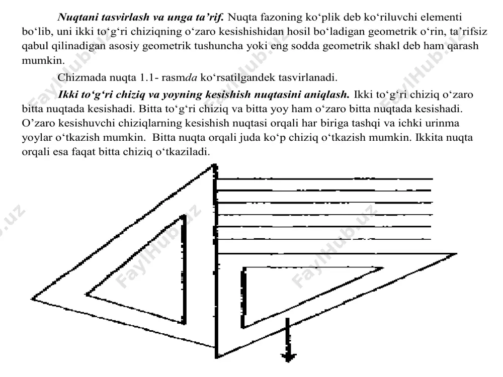 qali har biriga tashqi va ichki urinma yoylar o‘tkazish mumkin. bitta nuqta orqali juda ko‘p chiziq o‘tkazish mumkin. ikkita nuqta orqali esa faqat bitta chiziq o‘tkaziladi. gorizontal chiziqlar o‘tkazish. gorizpntal chiziqlar hamma vaqt gorizont ch izig‘iga parallel olinadi. shuning uchun ham gorizontal chiziqlar chapdan o‘ngga qarab chiziladi. o’zaro parallel gorizontal chiziqlar chizishning eng qulay usuli 1.1 - rasmdagidek ikkita uchburchaklik yoki chizg‘ich va uchburchaklik yordamida chizishdir. i kkita uchburchaklik yoki chizg‘ich va uchburchaklik bilan parallel chiziqlar chizilganda ularning bittasi yo‘naltiruvchi qilib olinadi, qo‘zg‘alib ketmasligi uchun uni chap qo‘l bilan bosib turiladi. har bir surilganda chap qo‘l bilan ikkalasi ham mahkam u shlanadi. vertikal chiziqlar chizish. vertikal chiziqlar gorizont chizi - g‘iga perpendikular o‘tkaziladi. erga tik turgan narsalar, odatda, vertikal turgan narsalar deyiladi. shunga ko‘ra bunday chiziqlar vertikal chiziqlar deyiladi. chizmada vertikal chi ziqlar chizma qog‘ozining tik yon tomoniga parallel yoki gorizontal chiziqlarga perpendikular qilib o‘tkaziladi. vertikal chiziqlar pastdan yuqoriga qarab …