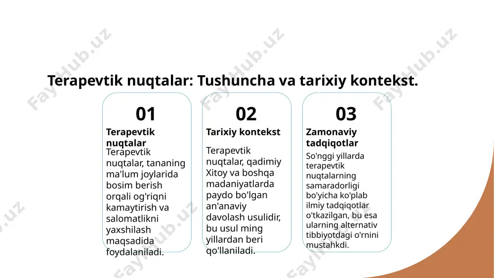ining alternativ tibbiyotdagi roli ahamiyatli sanaladi. ular organizmning o'zini davolash qobiliyatini kuchaytiradi, stressni kamaytiradi va og'riqni yengillashtiradi. misol uchun, akupressura usuli asab tizimini tinchlantirishda samarali. bunday amaliyotlar, an'anaviy tibbiyotda keng qo'llaniladi. sog'liqni mustahkamlashda an'anaviy va zamonaviy usullar. 1 an'anaviy usullar - an'anaviy tibbiyotda, masalan, akupressura va fitoterapiya, organizmning tabiiy muvozanatini tiklashga yordam beradi va sog'liqni mustahkamlashda muhim rol o'ynaydi. 2 zamonaviy yondashuvlar - zamonaviy tibbiyotda, ilmiy tadqiqotlar va texnologiyalar asosida, dori-darmonlar va innovatsion usullar sog'liqni yaxshilashda qo'llaniladi, natijada samaradorlik oshadi. 3 integratsiyalashgan usullar - an'anaviy va zamonaviy metodlarni birlashtirish, masalan, akupressura va farmakologiya, bemorlarning holatini yaxshilashda yanada samarali natijalar beradi. 4 sog'liqni saqlash strategiyalari - holistik yondashuvlar orqali, stressni kamaytirish va jismoniy faoliyatni oshirish kabi strategiyalar sog'liqni mustahkamlashda muhim ahamiyatga ega. holistik salomatlik: bosim nuqtalari orqali wellness strategiyalari. 01 holistik yondashuv holistik salomatlik, insonning jismoniy, ruhiy va emosional holatini bir butun sifatida ko'rib, terapevtik nuqtalar orqali muvozanatni tiklashni maqsad qiladi. …