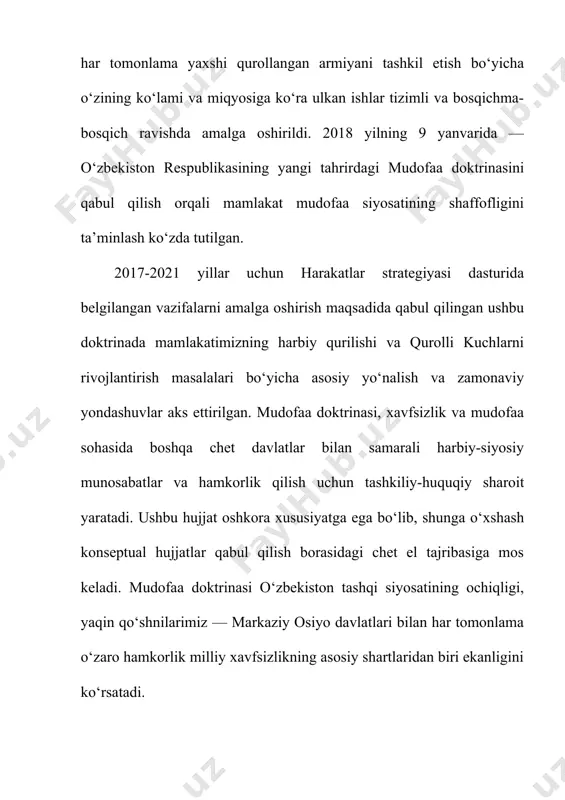 rbiy-vatanparvarlik ruhida tarbiyalashning muhim institutiga aylanmoqda". shu bilan birga, mintaqamiz va butunjahondagi bugungi murakkab, tez o‘zgarayotgan harbiy-siyosiy vaziyat, ayniqsa, afg‘onistondagi istiqboli ancha mavhum bo‘lgan hozirgi holat bilan bog‘lik tarzda xavfsizlikka qarshi real va ehtimol tutilayotgan xavf-xatarlarning kuchayib, narkoagressiya, xalqaro terrorizm, ekstremizm va boshqa tahdidlarning miqyosi tobora kengayib borayotgani qurolli kuchlarimizning harbiy tayyorgarligi va jangovar qobiliyatini muttasil oshirish, mamlakatimiz xavfsizligini ta’minlash, uning davlat chegaralarini himoya qilish va qo‘riqlash borasidagi choralarni yanada kuchaytirishni taqozo etmokda. shavkat mirziyoevning prezident xuzuridagi xavfsizlik kengashining 2018 yilning 10 yanvarida bo‘lib o‘tgan kengaytirilgan tarkibdagi majlisidagi nutqida mamlakatimiz qurolli kuchlari tizimidagi islohatlarning istiqbollariga to‘xtalib, kuyidagilarni alohida ta’kidladi: "ayni paytda butun dunyoda, jumladan, yon-atrofimizda xalqaro terrorizm, ekstremizm va radikalizm xavfi tobora ortib bormoqda, ayrim hududlarda qurolli to‘qnashuvlar hamon davom etmoqda. ana shunday keskin vaziyatdan kelib chiqqan holda, mavjud tahdidlarga qarshi munosib zarba berishga tayyor bo‘lishimiz, o‘zbekistonning tinch va barqaror rivojlanishini ta’minlash maqsadida qurolli kuchlarimizni yanada isloh qilish, uning jangovar …