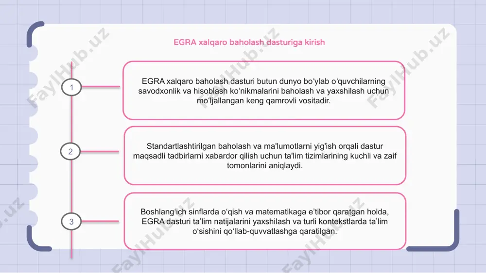 i, egra dasturi savodxonlik natijalarini monitoring qilish va baholash muhimligini ta'kidlab, ta'lim tizimlarida hisobdorlik va shaffoflikni ta'minladi. uning topilmalari butun dunyo bo'ylab savodxonlikni rivojlantirishga ustuvor ahamiyat berish uchun siyosatni o'zgartirishga turtki bo'ldi. egra xalqaro baholash dasturini amalga oshirish strategiyalari egra xalqaro baholash dasturi maqsadli baholash va aralashuv strategiyalari orqali butun dunyo boʻylab savodxonlik darajasini oshirishga qaratilgan. hukumatlar va ta'lim tashkilotlari bilan hamkorlikdagi sa'y-harakatlar orqali egra turli kontekstlarda savodxonlik bo'yicha muayyan muammolarni hal qilish uchun moslashtirilgan amalga oshirish rejalarini ishlab chiqadi. tadqiqotga asoslangan yondashuvlar va ma'lumotlarga asoslangan tadbirlarni qo'llash orqali egra mamlakatlarni ta'lim tizimlarini yaxshilash va barcha talabalar uchun savodxonlik natijalarini oshirishda qo'llab-quvvatlaydi. egra xalqaro baholash dasturidagi muammolar va yechimlar egra xalqaro baholash dasturi standartlashtirilgan test sharoitlarini ta'minlash va ma'lumotlar yaxlitligini saqlash bilan bog'liq turli muammolarga duch keladi. ushbu muammolarni hal qilish uchun dastur testlarni boshqarish va ma'lumotlarni yig'ish bo'yicha qat'iy protokollarni, shuningdek sifat nazorati bo'yicha qat'iy choralarni amalga oshiradi. egra …