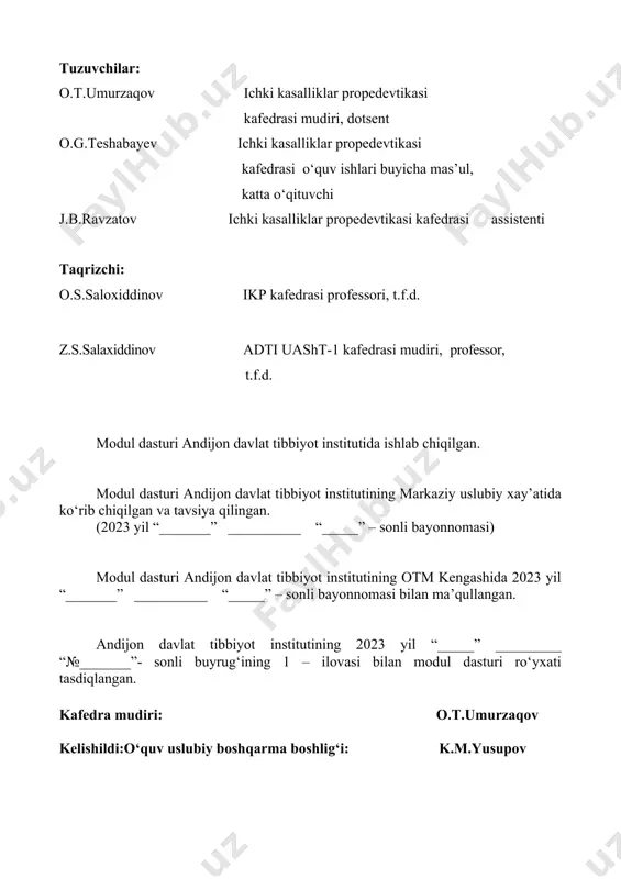 klar to‘g‘risida, tashxis, diagnostik prinsiplar, simptomlar va sindromlar yuzaga kelishining mexanizmlarining xozirgi zamon tasavvurlarini shakllantirish; тalabalarda shifokorlar deontologiyasi asoslari ko‘nikmalarini xosil qilish; bemorni so‘rab-surishtirish, ko‘zdan kechirish, palpatsiya, perkussiya, auskultatsiya qilish ko‘nikmalarini hosil qilish; talabalar tomonidan xozirgi zamon ichki kasalliklar klinikasida qo‘llanadigan asosiy funksional, laborator va instrumental tekshirish usullari prinsiplarini bilish va ularni qo‘llashni o‘zlashtirish, ushbu usullarning fiziologik va patologik parametrlarini o‘zlashtirish; klinik fikrlashga o‘rgangan zukko umumiy amaliyot shifokorini tayyorlash. modul bo‘yicha talabalarning bilim ko‘nikma va malakalariga quyidagi talablar qo‘yiladi. i. asosiy nazariy qism (ma`ruza mashg`ulotlari) ii.i. fan tarkibiga quyidagi mavzular kiradi: № mashg’ulot mavzulari soat naza riy qism amaliy qism jami 1 ma’ruza №1kirish.ichki tibbiyotning rivojlanish tarixi. ichki kasalliklar propedevtikasi moduli, maksadi, vazifalari. semiotika, simptomatologiya va tashxis xakida tushuncha. bemorlarni klinik tekshirish usullari. so’rab-surishtirish. shikoyati. hayot tarixi. fizik tekshiruv usullar: ko„zdan kechirish, palpatsiya, perkussiya, auskultatsiya. amaliy mashg’ulot №1. talabalarni ikp moduli vazifasi bilan tanishtirish. modulning rivojlanish tarixi, maksadi, vazifalari. bemorni …