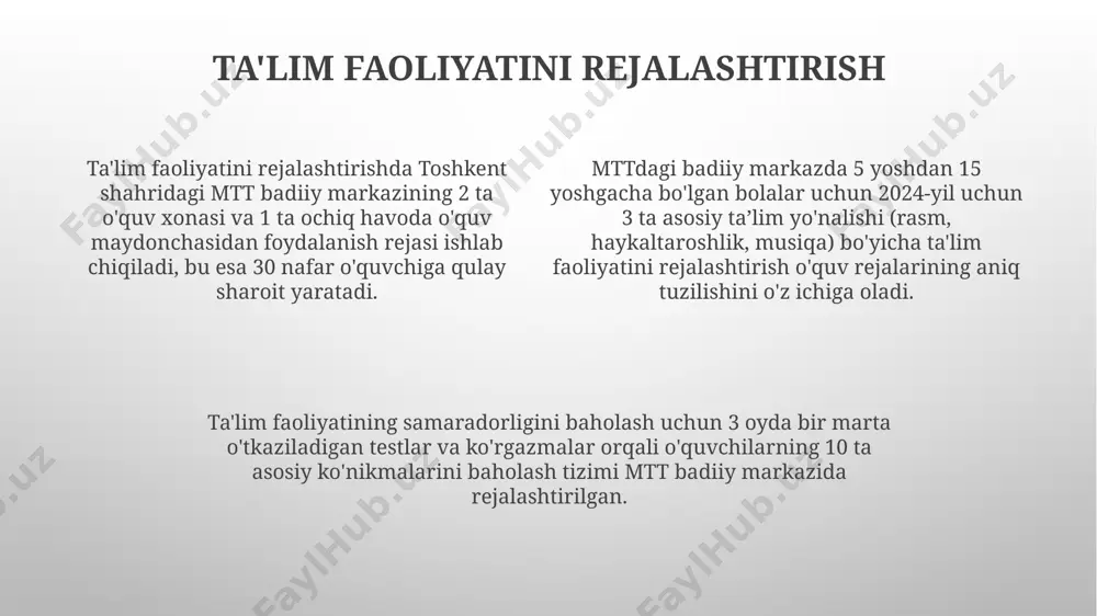 umotga ehtiyoji aniqlangan. markaz hududida 3 ta yong‘in o‘chirish vositasi va 10 ta birinchi tibbiy yordam to‘plami joylashtirilgan bo‘lib, ularning joylashuvi haqida barcha talabalar xabardor qilingan. mttning badiiy markazida 5 dan ortiq talaba bo‘lgan har bir guruh uchun kamida 2 nafar malakali xodimdan iborat birinchi tibbiy yordam guruhi tashkil etilgan bo‘lishi kerak. ota-onalar va hamkorlik mtt badiiy markazi bilan hamkorlikda 15 ta maktabdan 300 dan ortiq o'quvchi 2 oylik "ranglar olami" dasturida qatnashdi va farg'ona viloyatidan kelgan 2 ta ijodkor bilan master-klasslar o'tkazildi. mtt badiiy markazida 5 dan ortiq ota-onalar o'quv jarayonida faol ishtirok etib, 2023-yilda 3 ta yirik loyihada samarqand shahrida hamkorlik qildilar. ota-onalar kengashi tomonidan 10 nafar o'qituvchi uchun 50 dan ortiq o'quv qo'llanmalari va 20 ta yangi texnik vositalar taqdim etildi, bu esa toshkent shahridagi boshqa markazlar bilan hamkorlikni kuchaytirdi. o'quv rejalari va dasturlari mttning badiiy markazida 2023-yil uchun 5 ta yangi o‘quv dasturi ishlab chiqildi, ular …