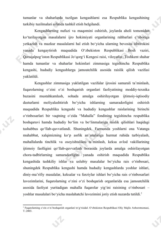 ni ta’minlash, keksa avlod vakillarining ijtimoiy faolligini qo‘llab-quvvatlash borasida joylarda amalga oshirilayotgan chora-tadbirlarning samaradorligini yanada oshirish maqsadida respublika kengashida tashkiliy ishlar va uslubiy masalalar bo‘yicha rais o‘rinbosari, shuningdek respublika kengashi hamda hududiy kengashlarda yoshlar ishlari, diniy-ma’rifiy masalalar, keksalar va faxriylar ishlari bo‘yicha rais o‘rinbosarlari lavozimlarini, fuqarolarning o‘zini o‘zi boshqarish organlarida esa jamoatchilik asosida faoliyat yuritadigan mahalla fuqarolar yig‘ini raisining o‘rinbosari – yoshlar masalalari bo‘yicha maslahatchi lavozimini joriy etish nazarda tutildi. bundan tashqari, ijtimoiy muhim masalalarni hal etishda fuqarolarning o‘zini o‘zi boshqarish organlari hamda davlat va jamoat tashkilotlari o‘rtasida o‘zaro hamkorlikni kuchaytirish maqsadida kengashlar kollegial organlari tarkibiga tegishincha davlat hokimiyati vakillik organlari vakillari, moliya, ichki ishlar, mehnat, xalq ta’limi, sog‘liqni saqlash vazirliklari, “kamolot” yoshlar ijtimoiy harakati, “nuroniy” jamg‘armasi, xotin-qizlar qo‘mitasi, boshqa davlat va nodavlat tashkilotlar hamda ularning hududiy tuzilmalari rahbar xodimlarini kiritish mo‘ljallanmoqda. fuqarolarning o‘zini o‘zi boshqarish organlari zimmasiga yuklatilgan vazifalarning samarali ijrosini ta’minlash maqsadida mahalla fuqarolar yig‘ini kengashi tarkibiga fuqarolar …